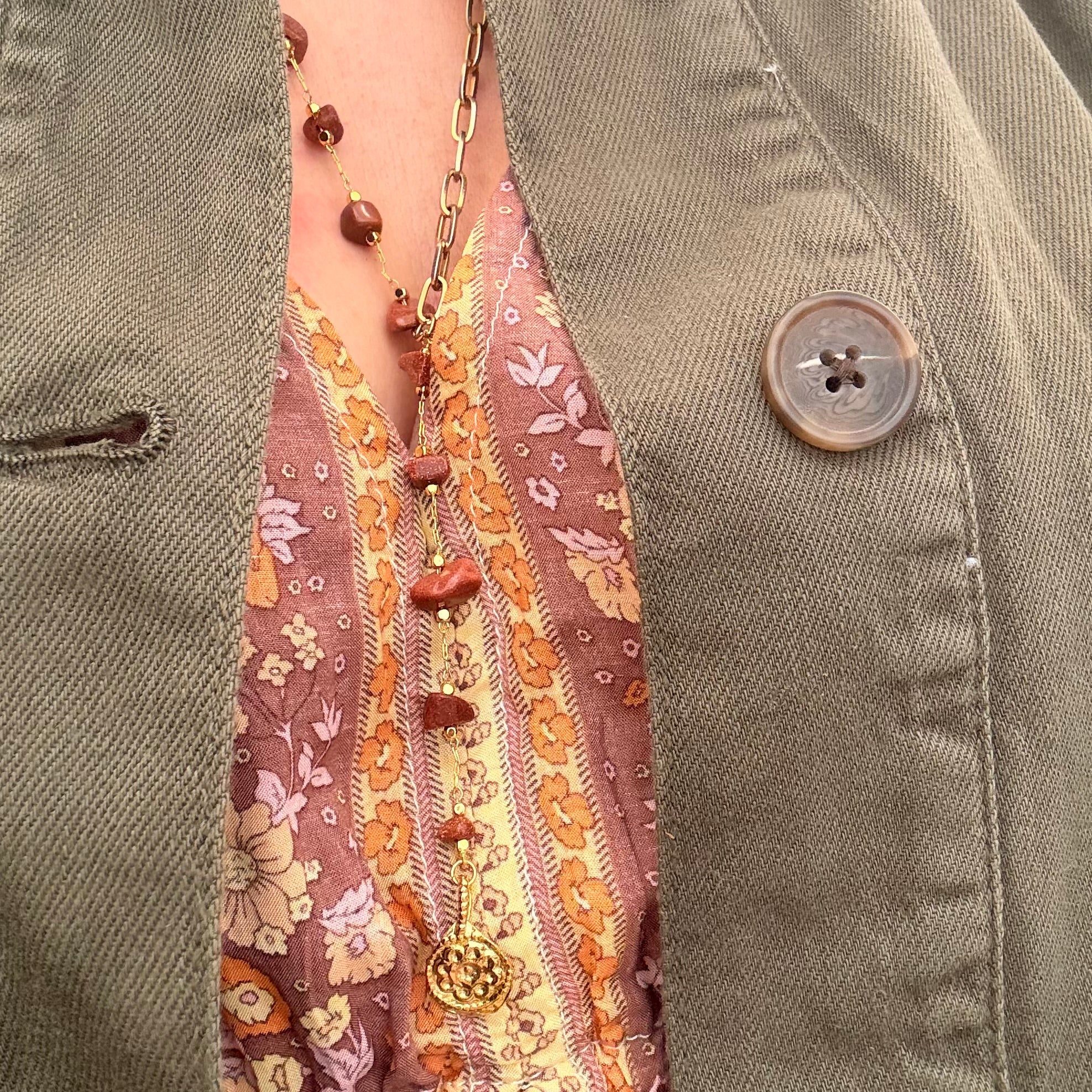 Toffee Sandstone & Gold Flower Coin Charm Necklace