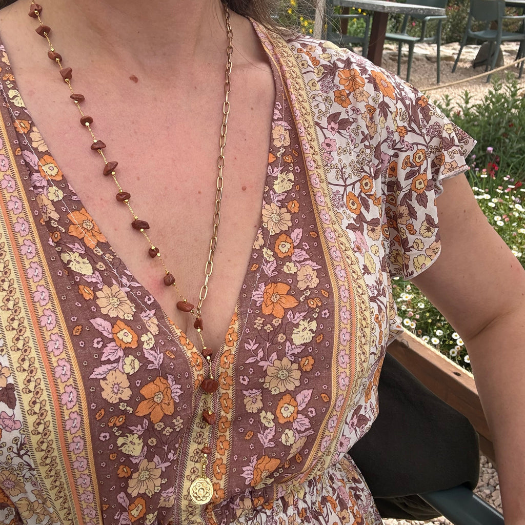 Toffee Sandstone & Gold Flower Coin Charm Necklace