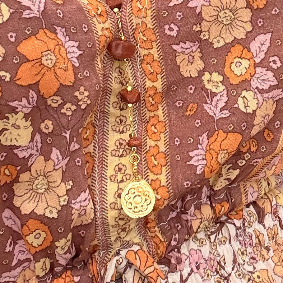 Toffee Sandstone & Gold Flower Coin Charm Necklace