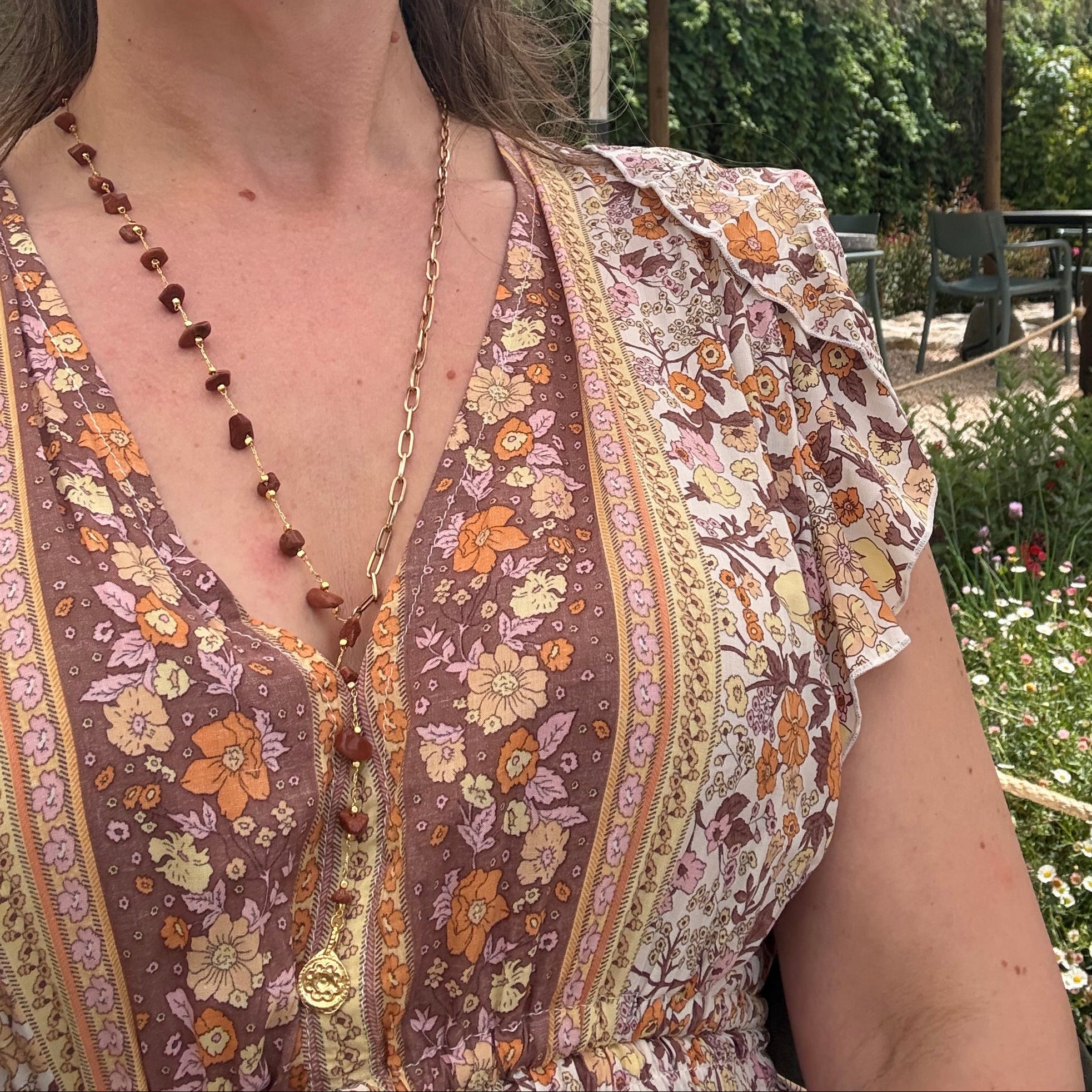 Toffee Sandstone & Gold Flower Coin Charm Necklace