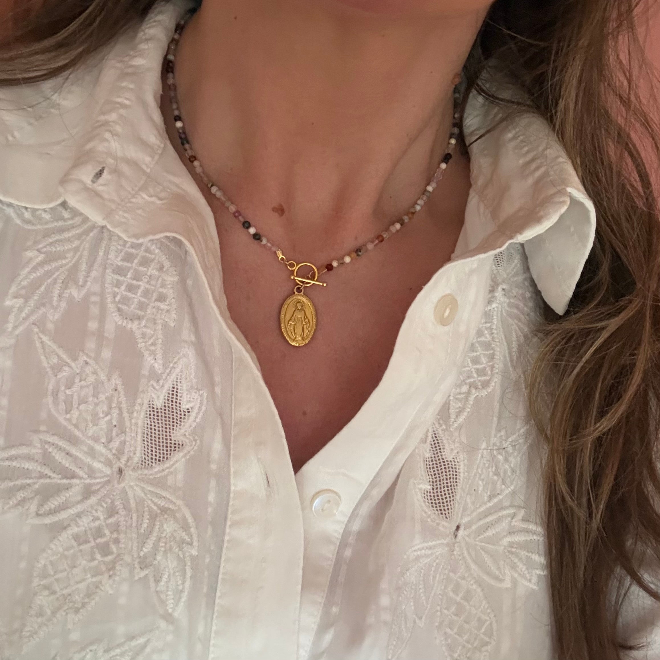 Miraculous Medal Charm Gemstone Necklace