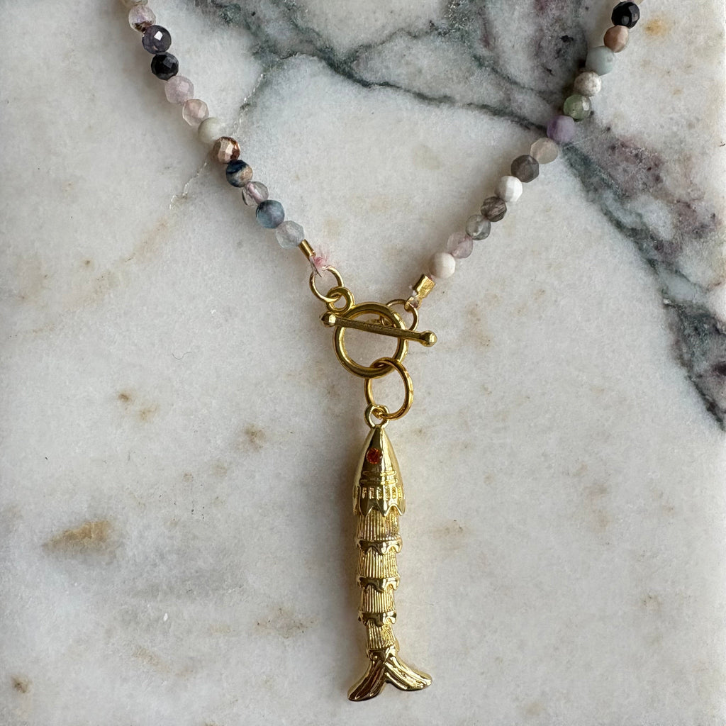 Lucky Fish Charm Gemstone Chain Long Necklace