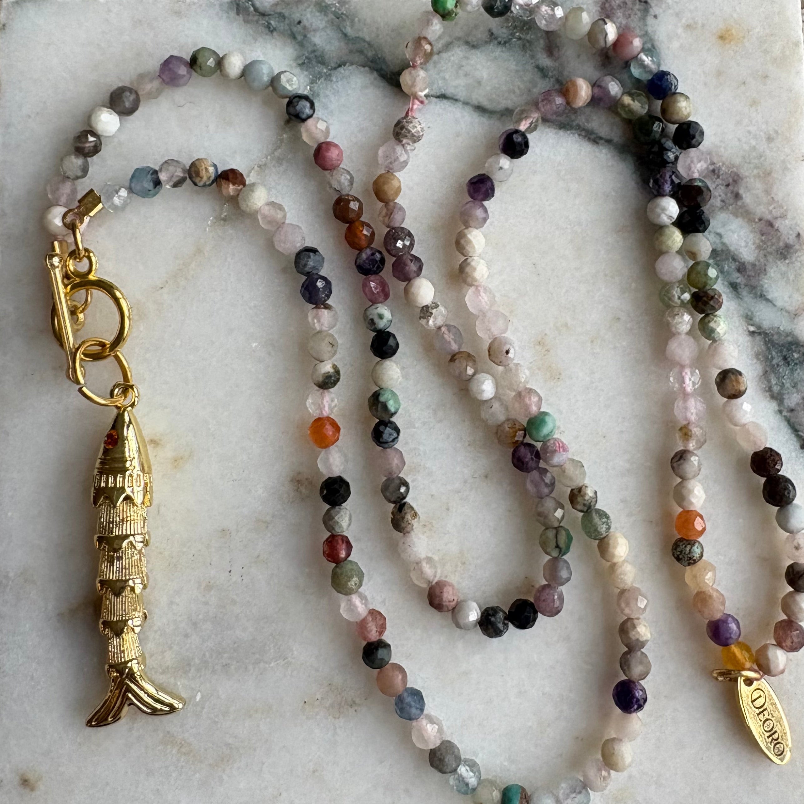 Lucky Fish Charm Gemstone Chain Long Necklace