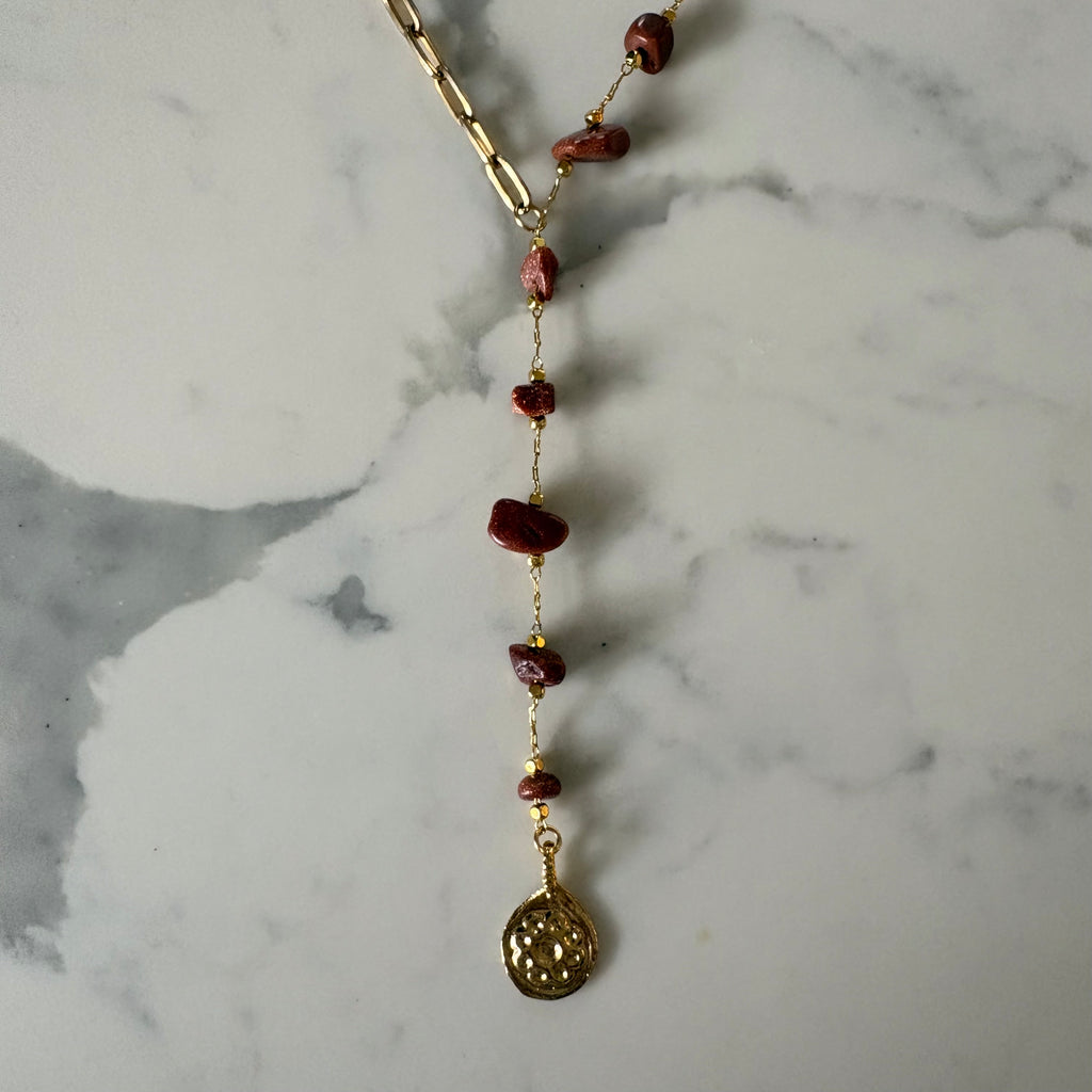 Toffee Sandstone & Gold Flower Coin Charm Necklace