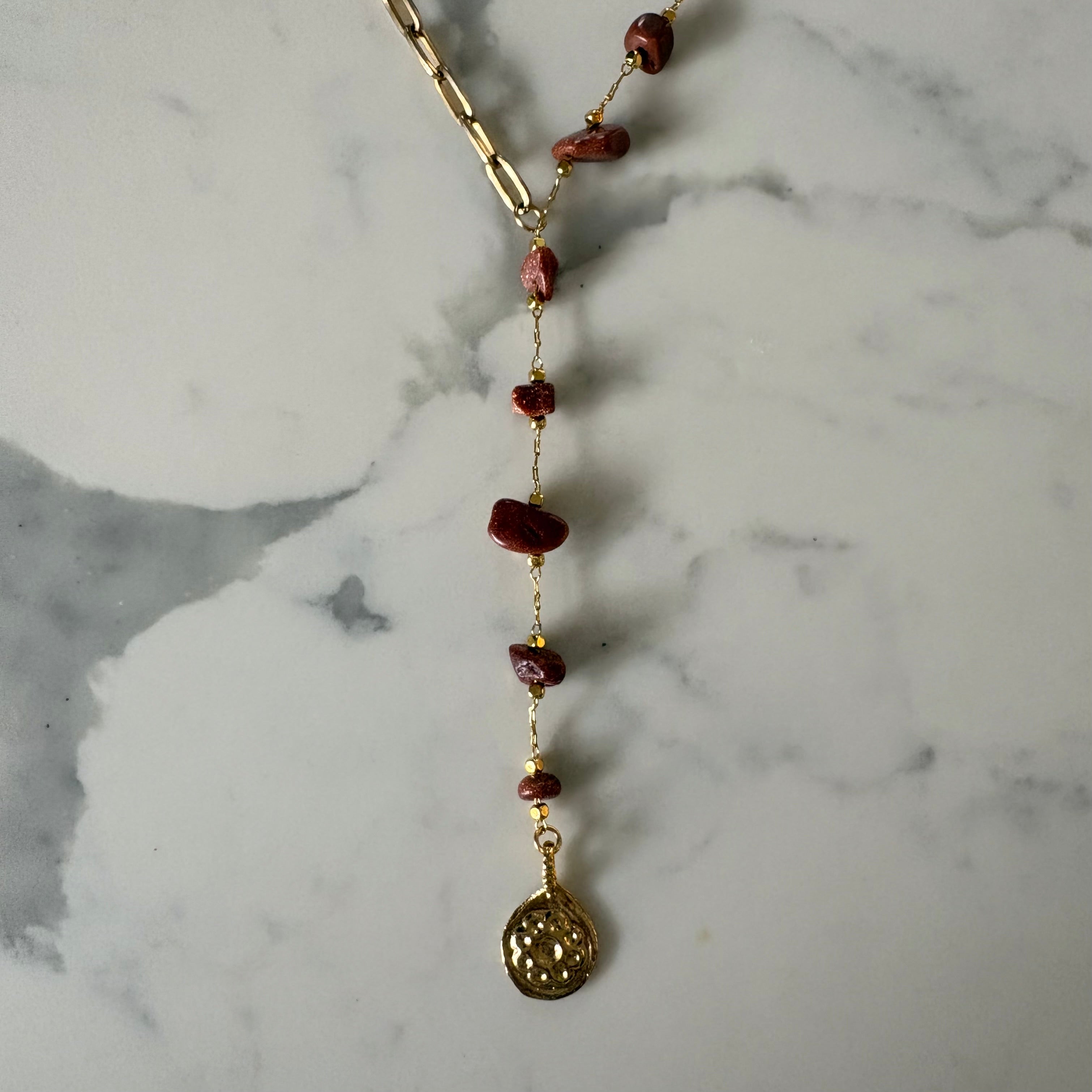 Toffee Sandstone & Gold Flower Coin Charm Necklace