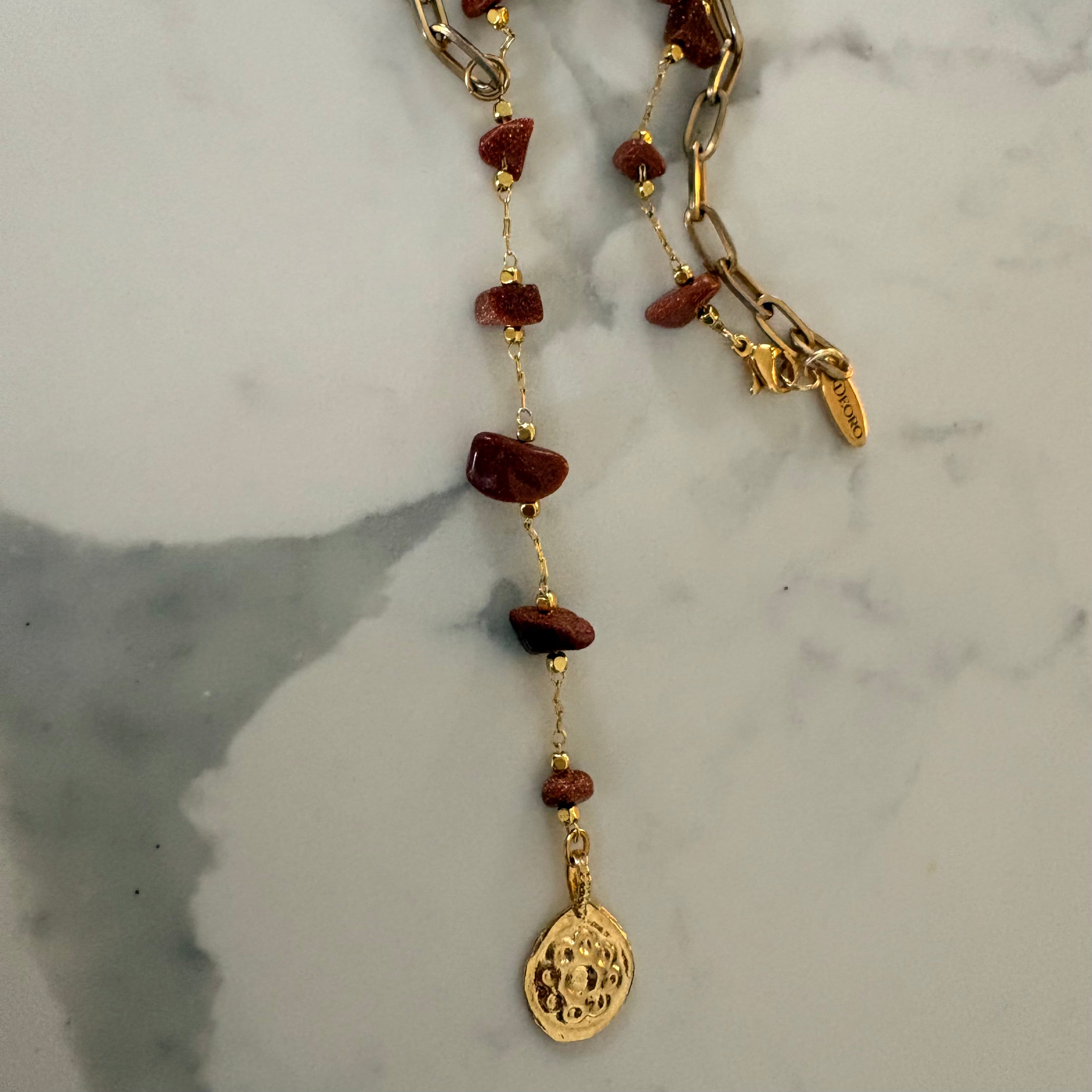 Toffee Sandstone & Gold Flower Coin Charm Necklace