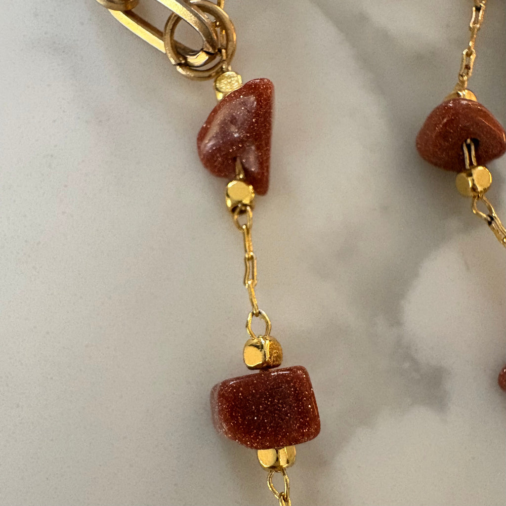Toffee Sandstone & Gold Flower Coin Charm Necklace