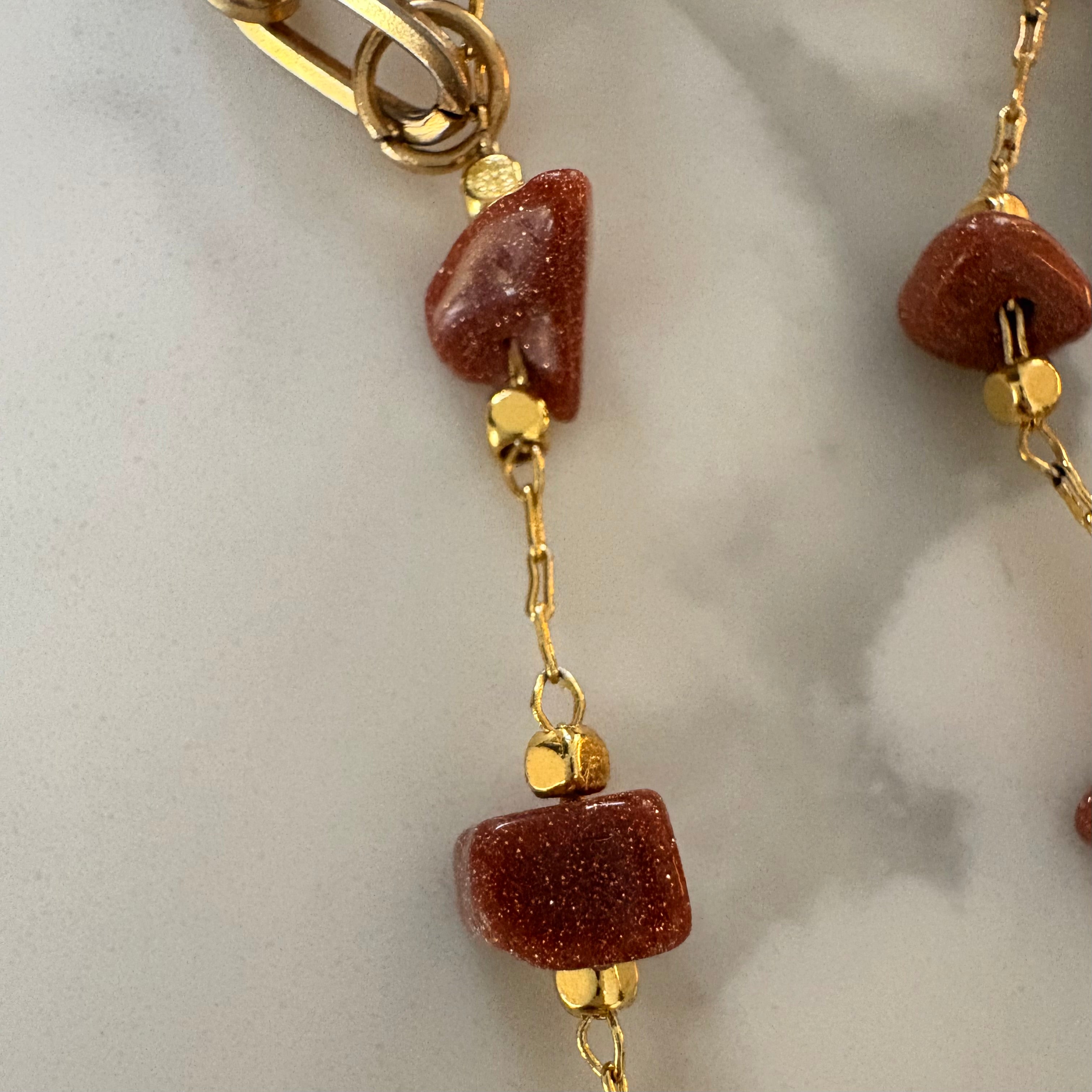 Toffee Sandstone & Gold Flower Coin Charm Necklace