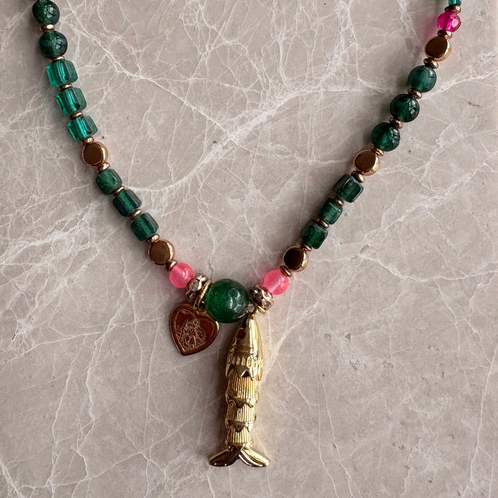 Emerald Glass Bead & Gold Fish Charm St Christopher Necklace