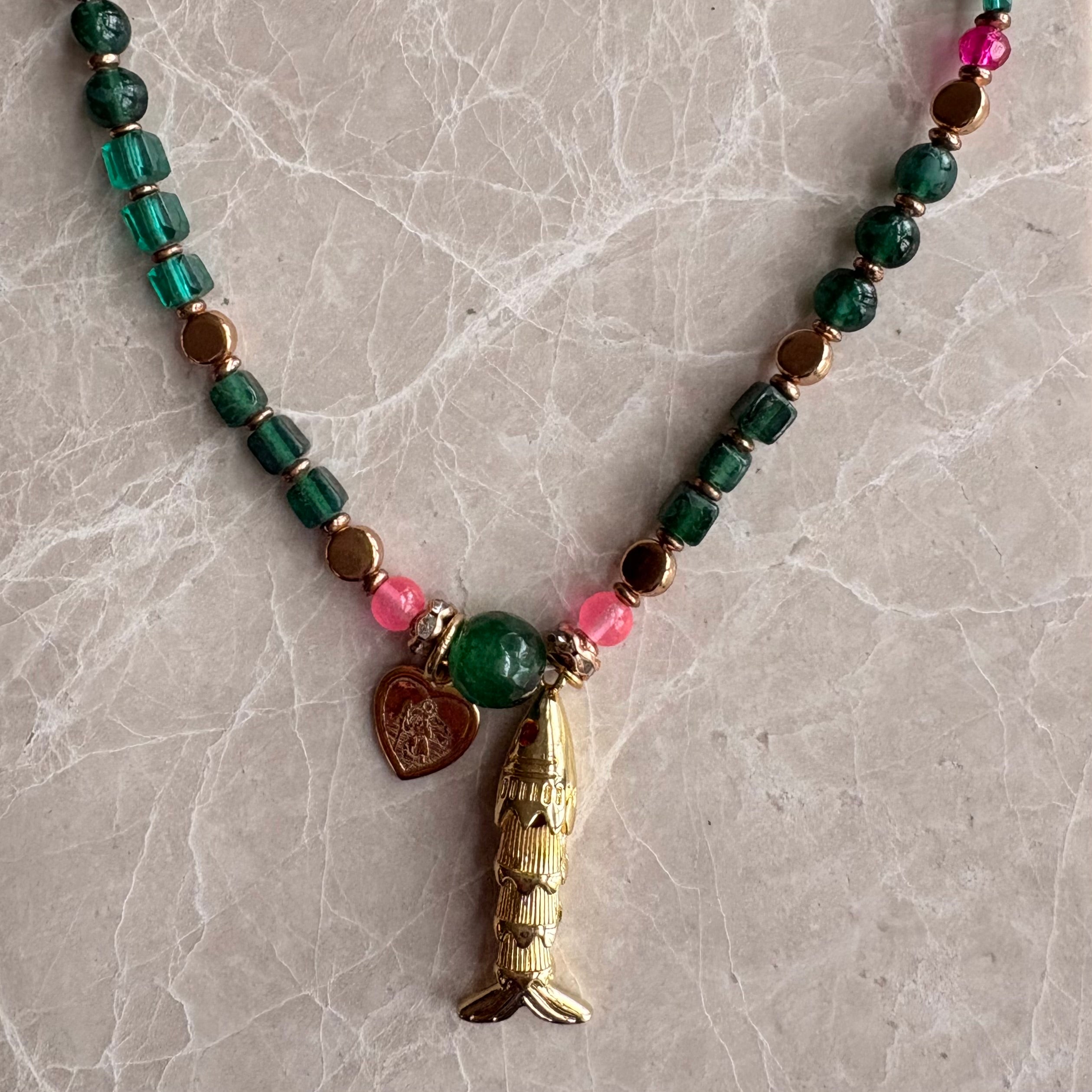 Emerald Glass Bead & Gold Fish Charm St Christopher Necklace