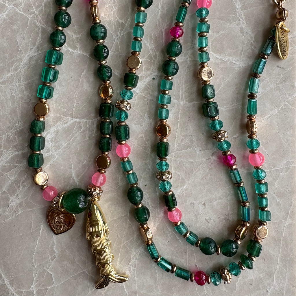 Emerald Glass Bead & Gold Fish Charm St Christopher Necklace