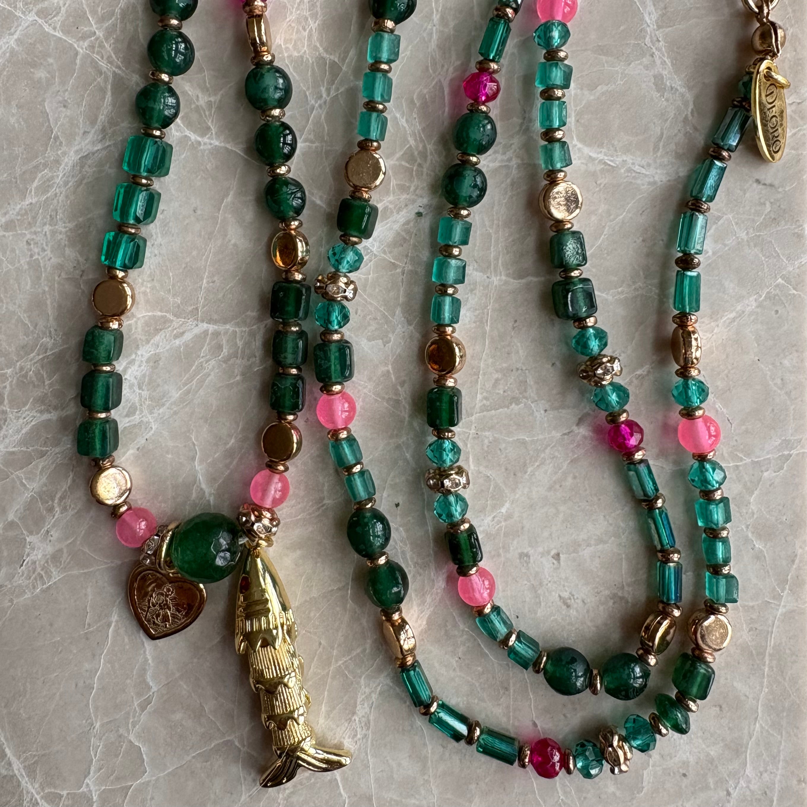 Emerald Glass Bead & Gold Fish Charm St Christopher Necklace