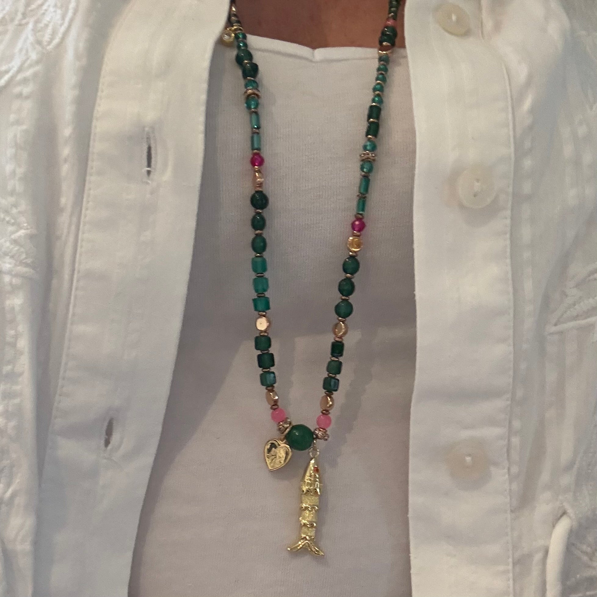 Emerald Glass Bead & Gold Fish Charm St Christopher Necklace
