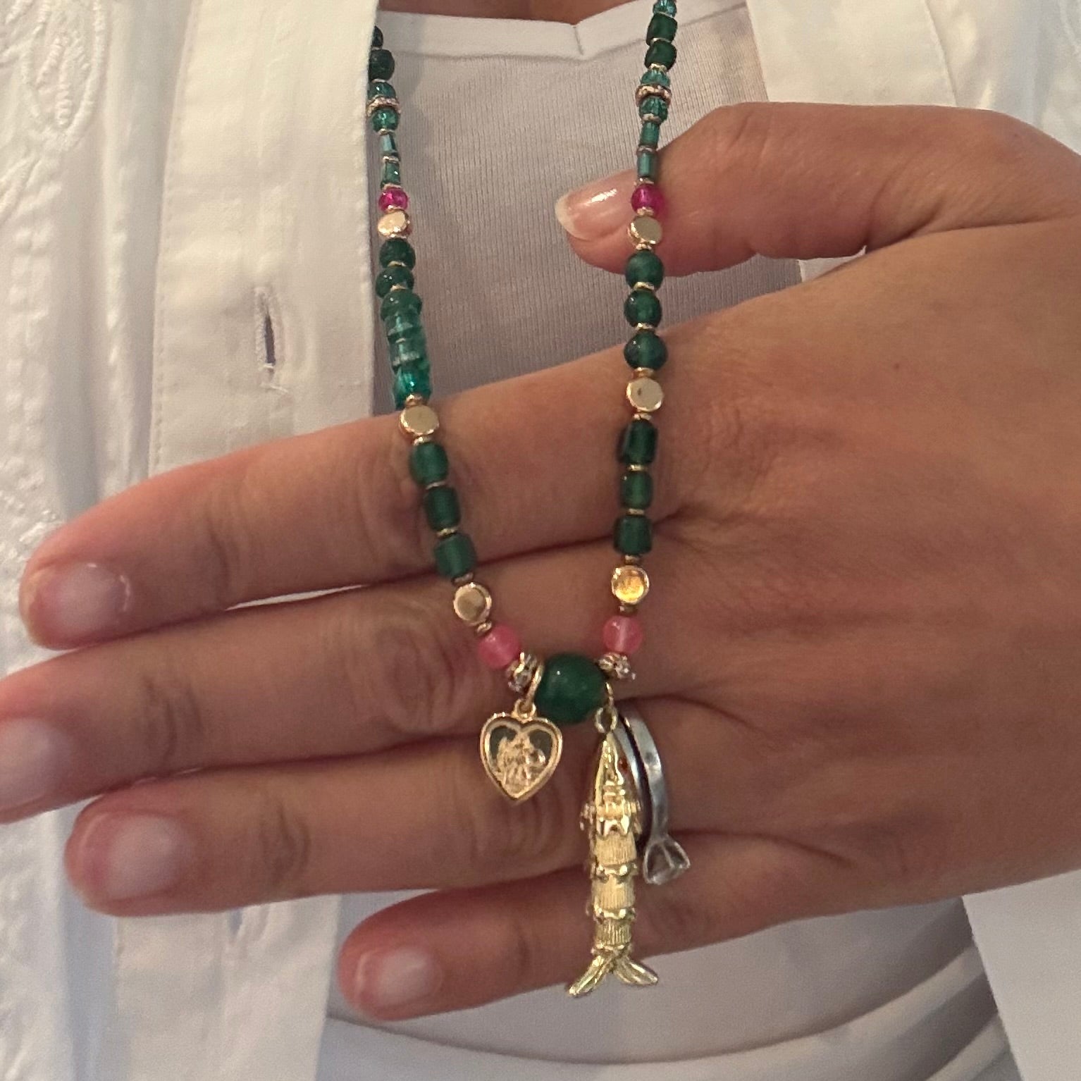 Emerald Glass Bead & Gold Fish Charm St Christopher Necklace