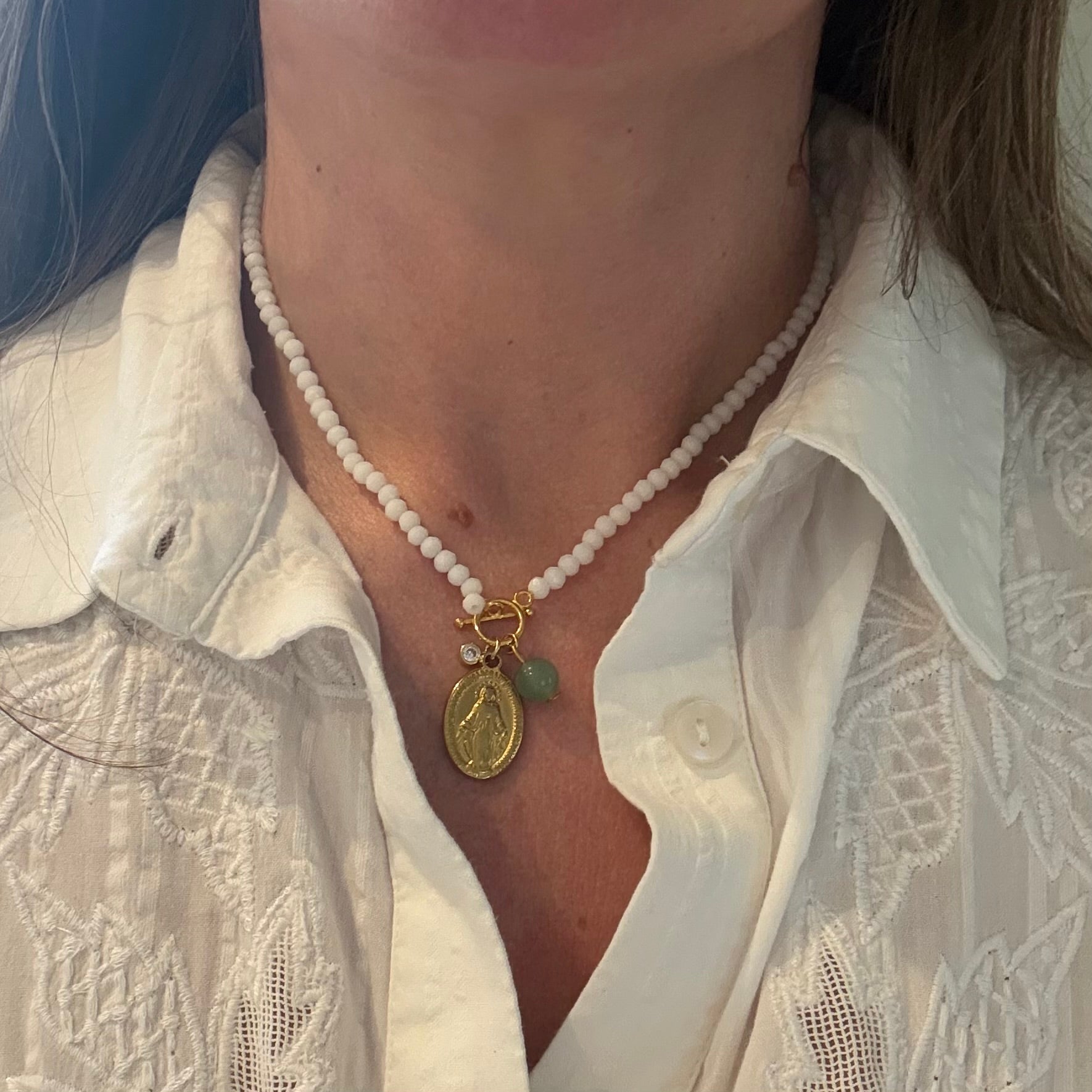 White Crystal Bead Miraculous Medal & Jade Gemstone Necklace