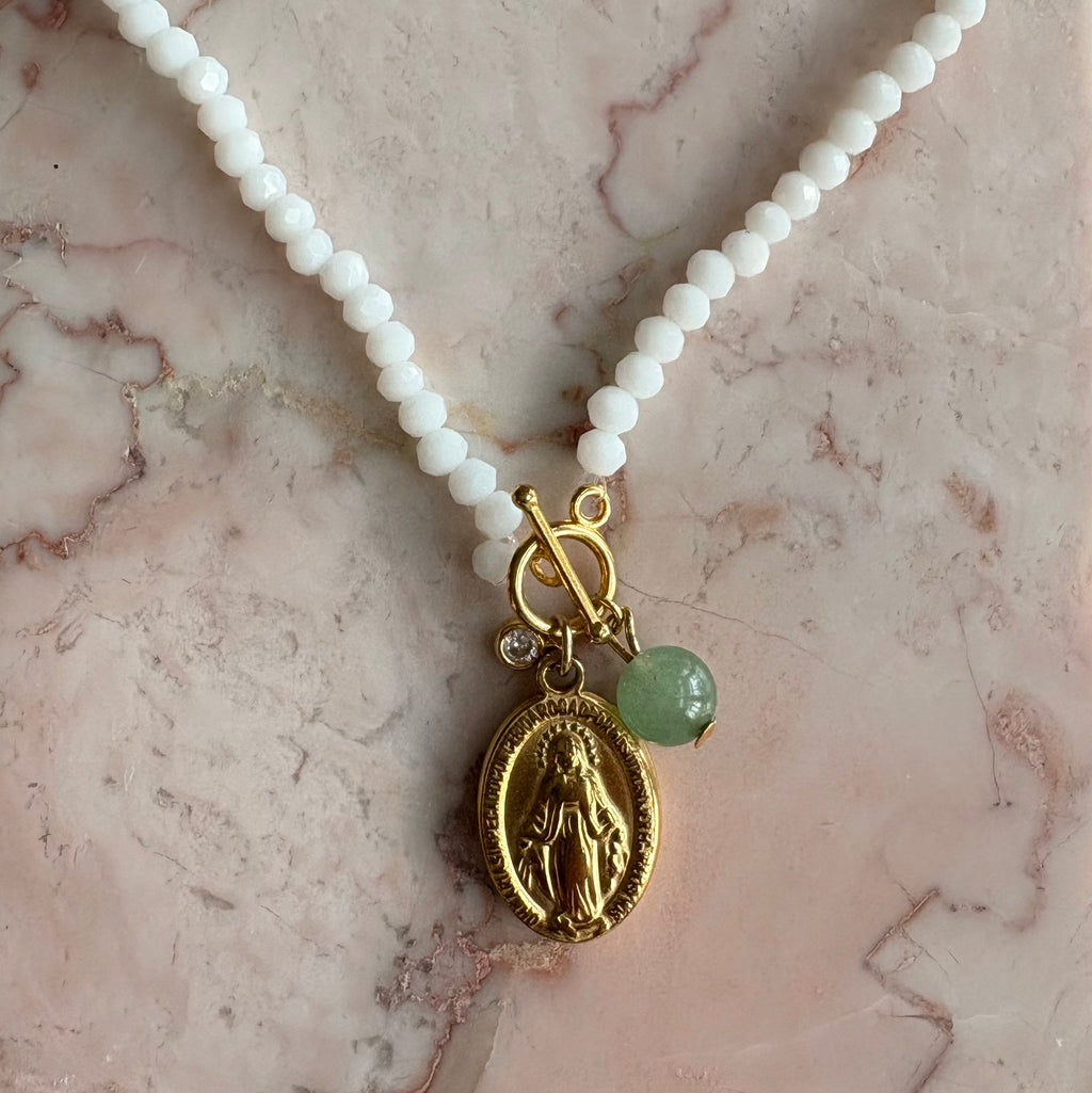 White Crystal Bead Miraculous Medal & Jade Gemstone Necklace