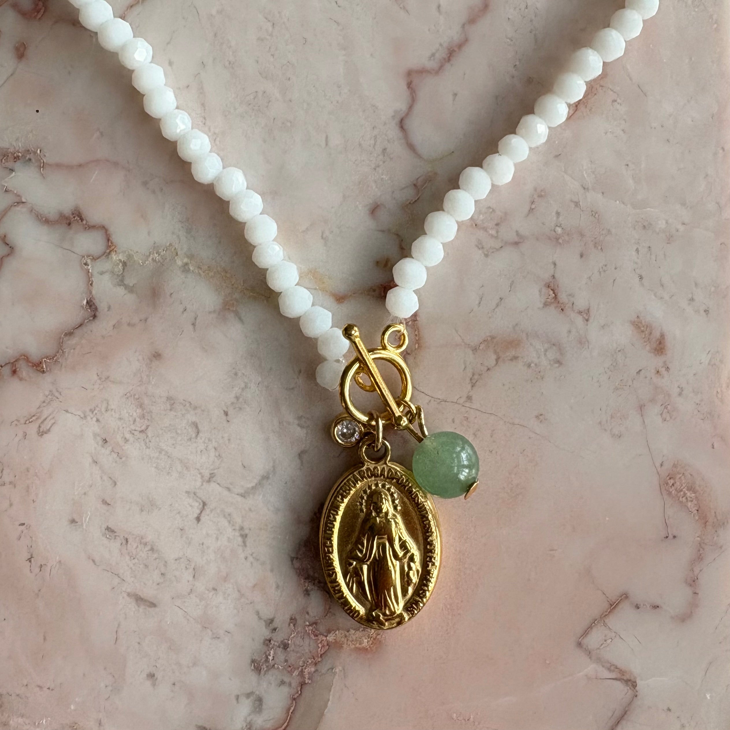 White Crystal Bead Miraculous Medal & Jade Gemstone Necklace