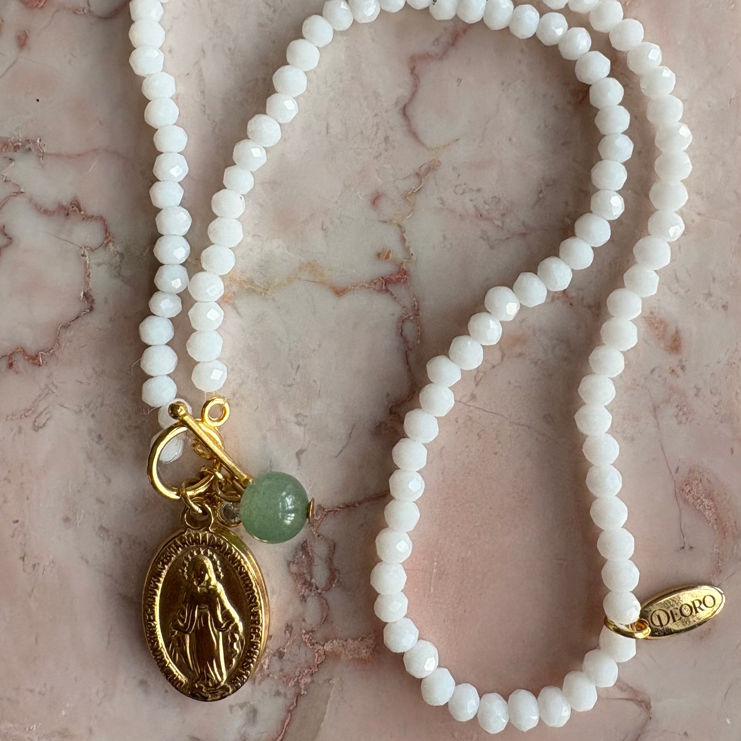 White Crystal Bead Miraculous Medal & Jade Gemstone Necklace