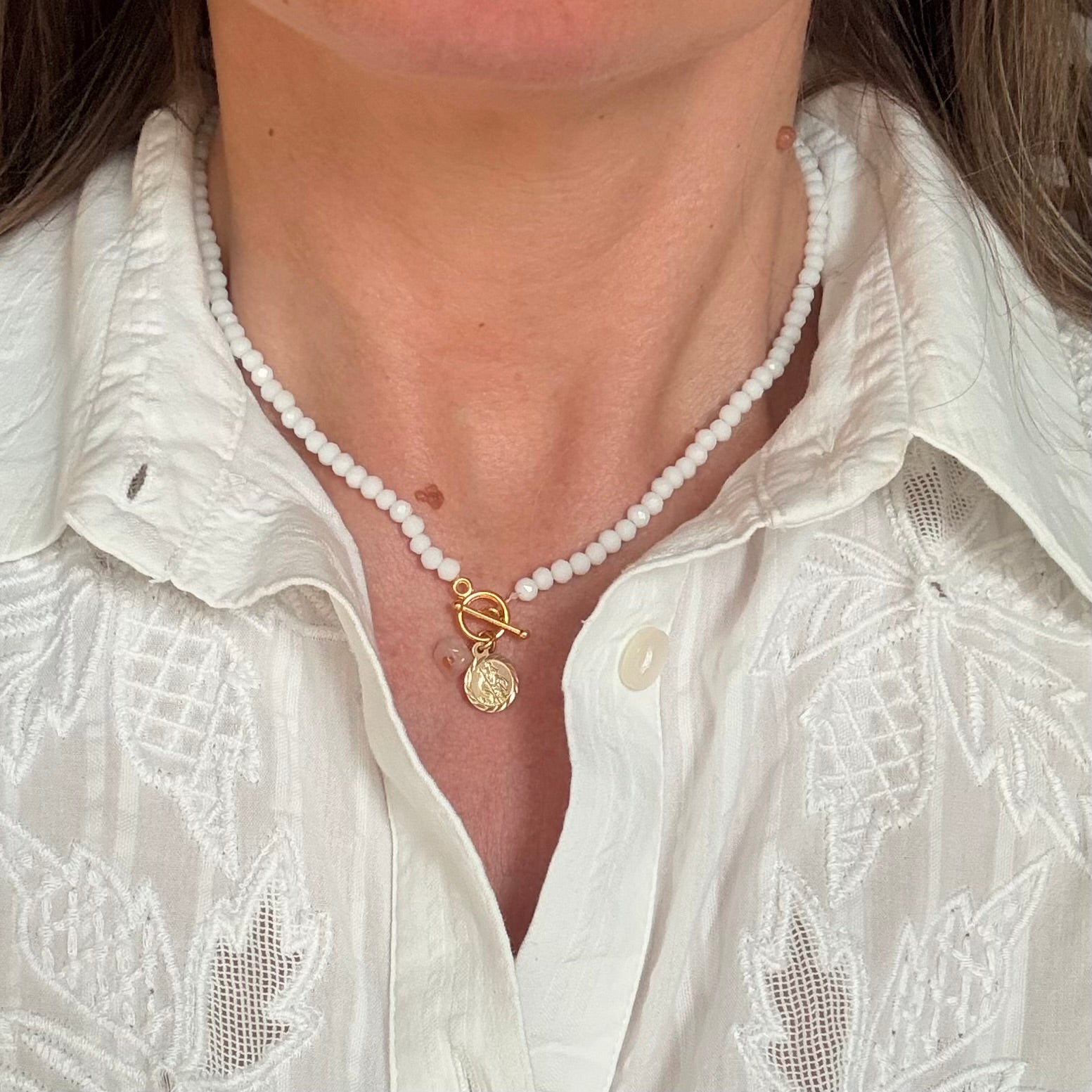 White Crystal Bead St Christopher & Rose Quartz Charm Necklace