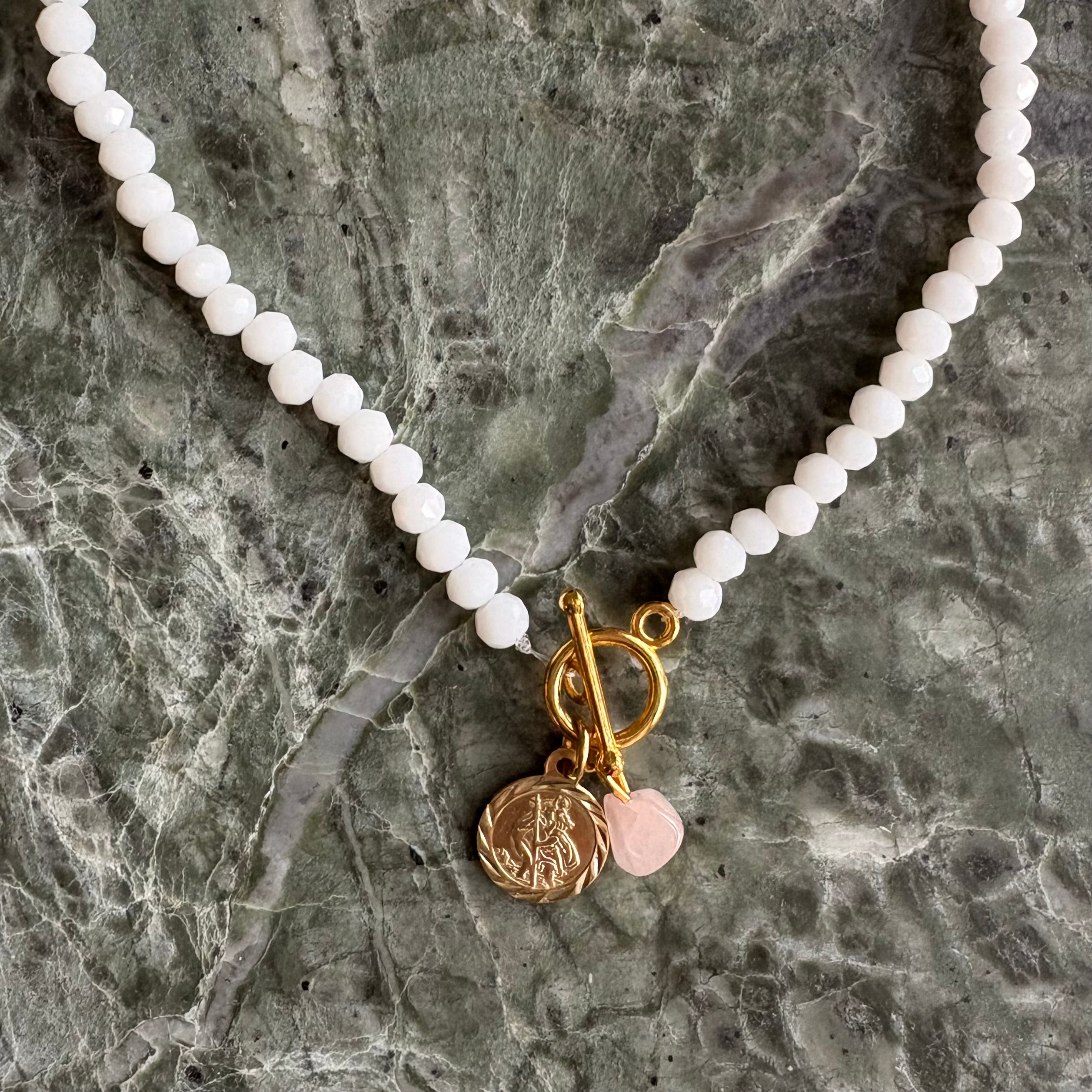 White Crystal Bead St Christopher & Rose Quartz Charm Necklace