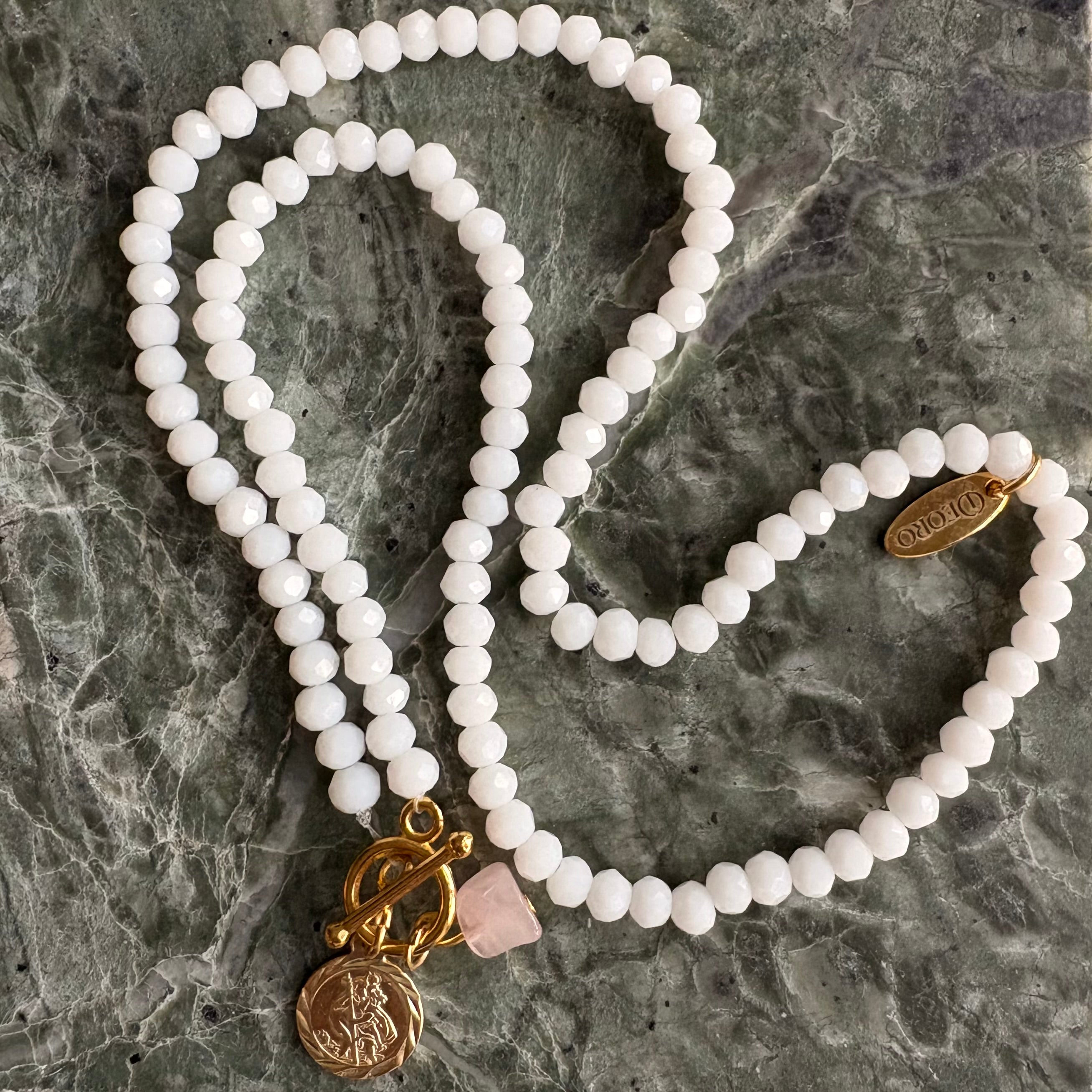 White Crystal Bead St Christopher & Rose Quartz Charm Necklace