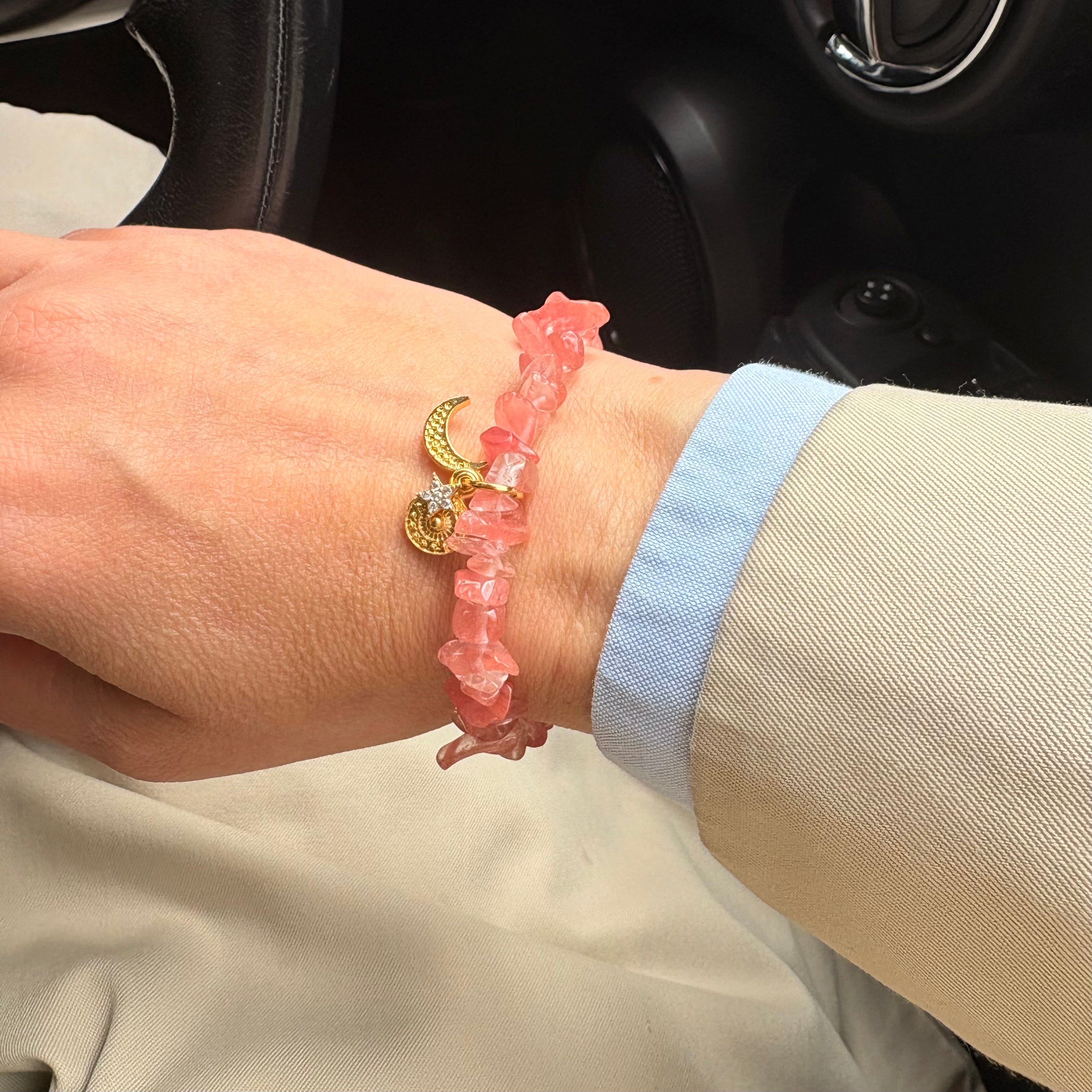 Cherry Quartz Sun, Moon & Star Charm Bracelet