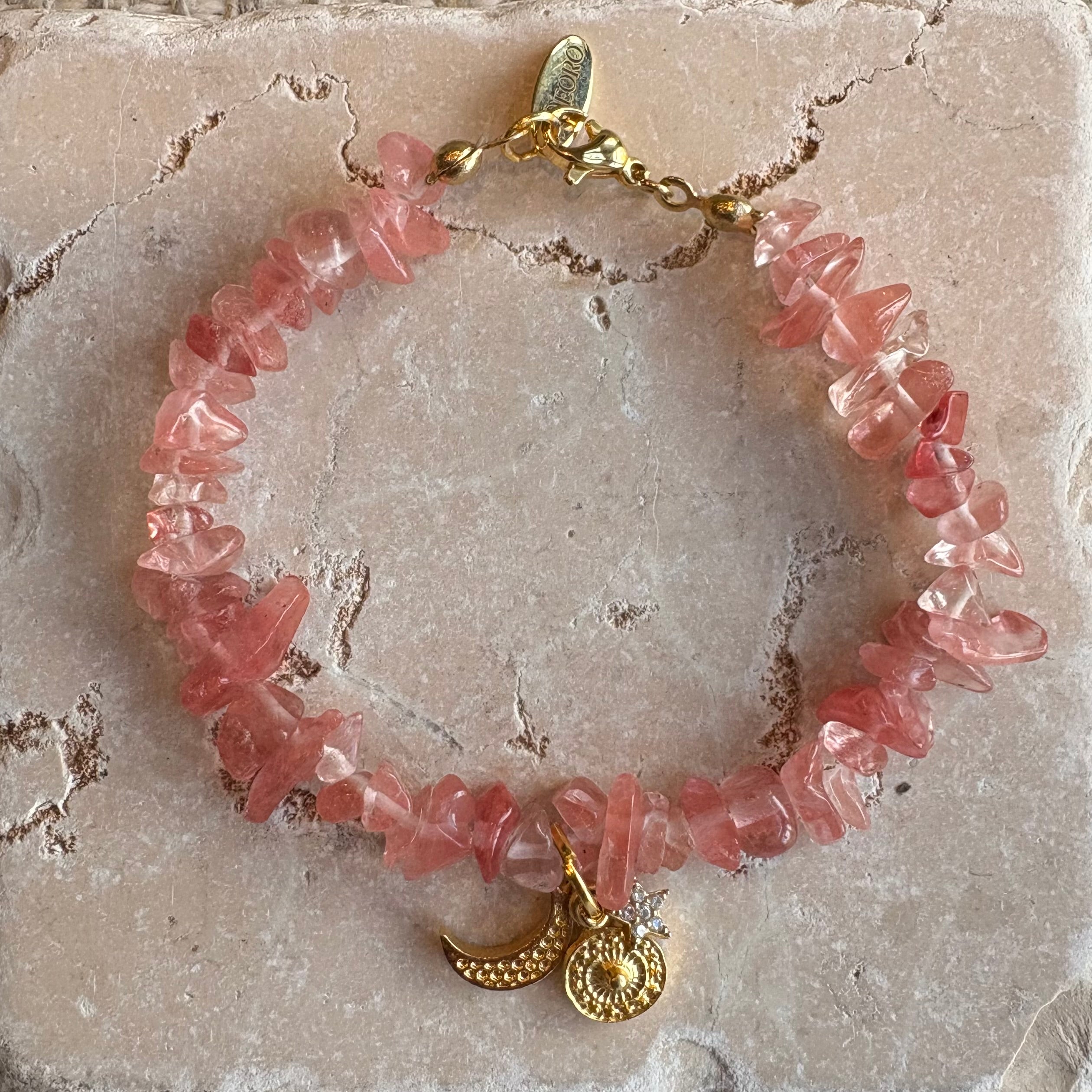 Cherry Quartz Sun, Moon & Star Charm Bracelet