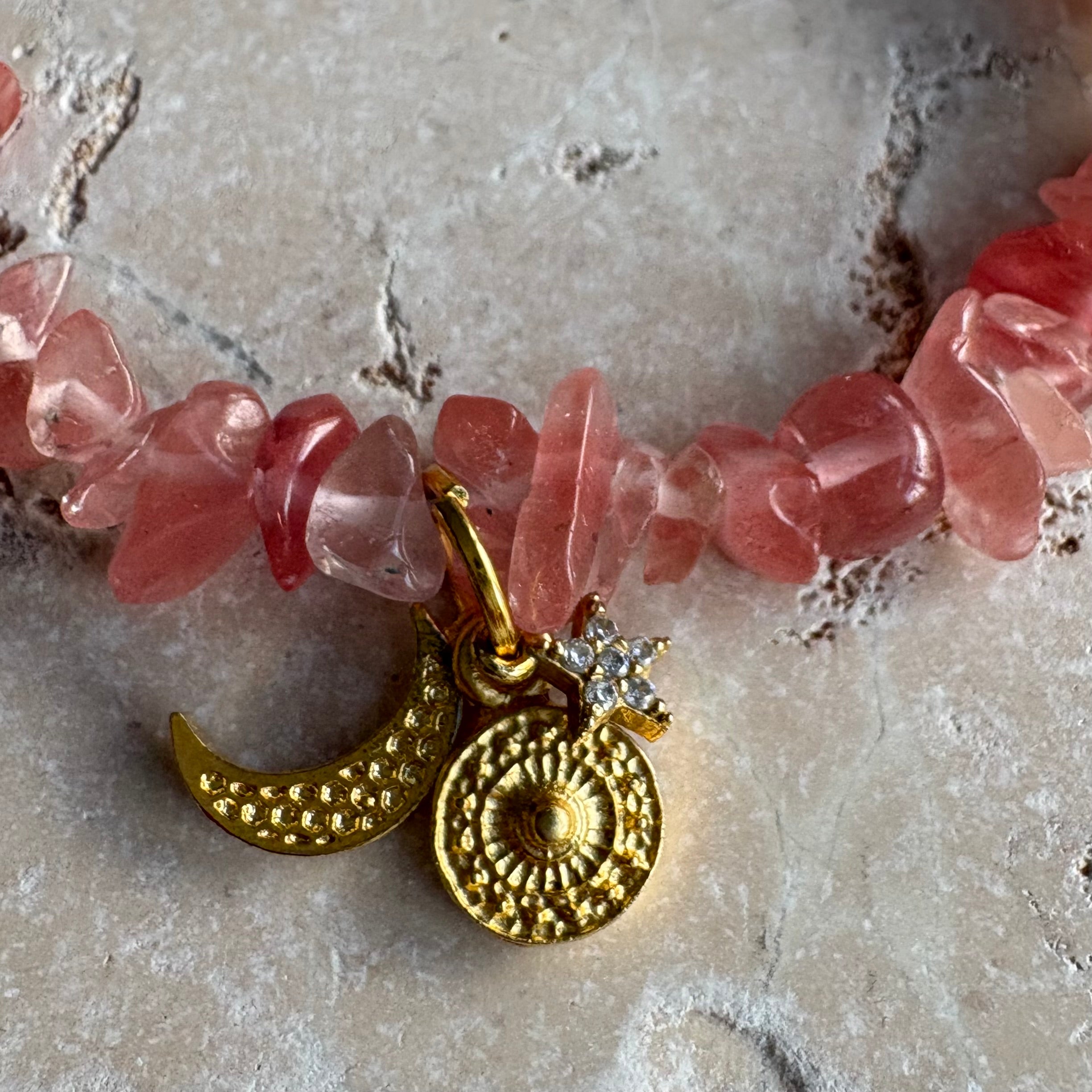 Cherry Quartz Sun, Moon & Star Charm Bracelet
