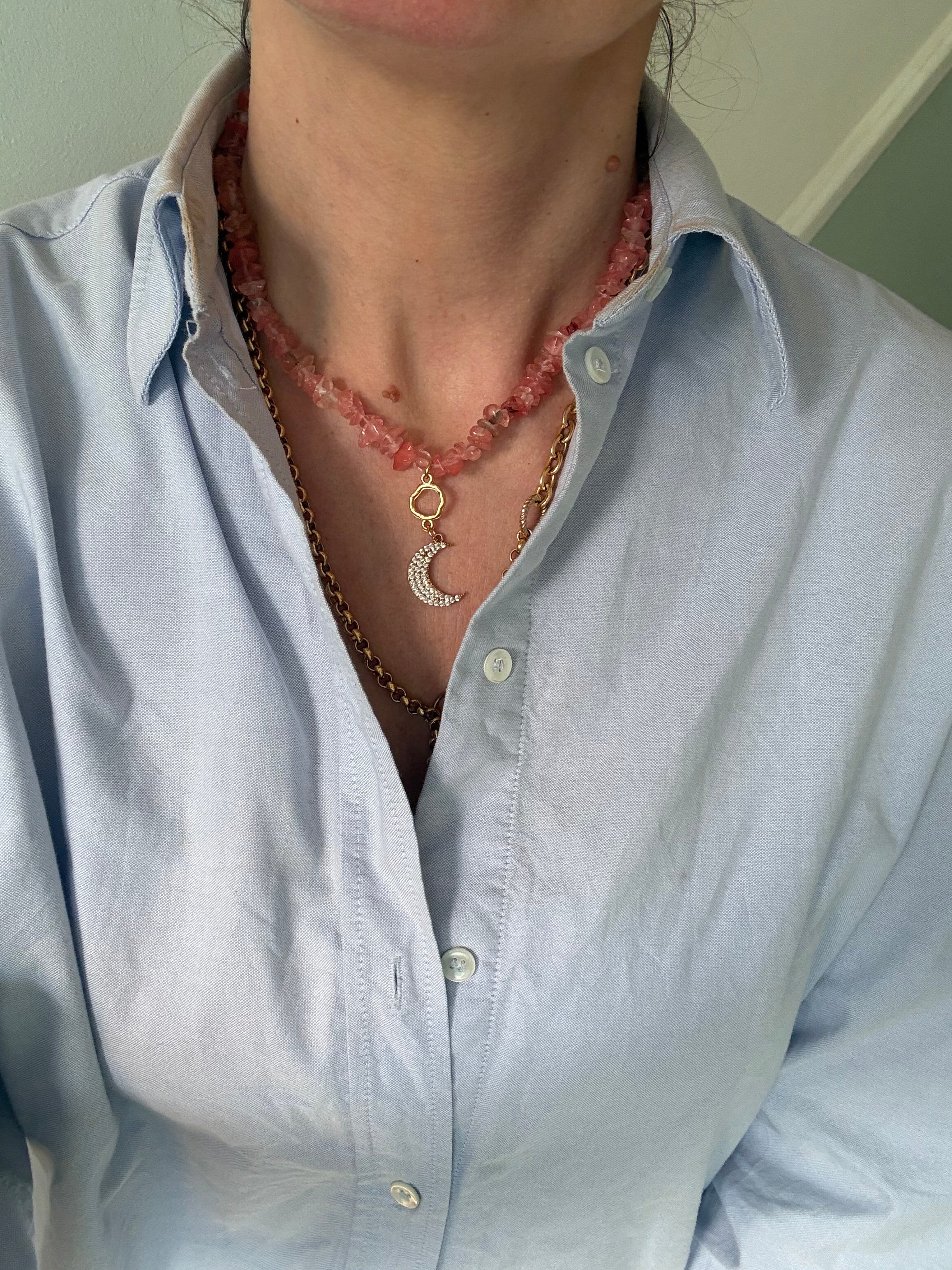 Cherry Quartz & Crystal Moon Charm Necklace