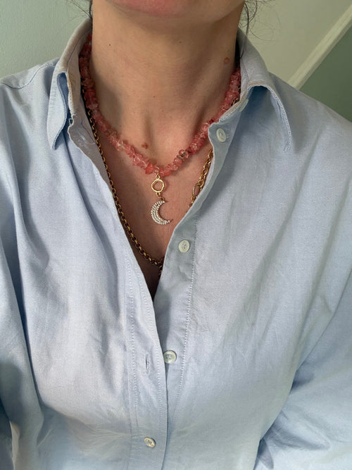 Cherry Quartz & Crystal Moon Charm Necklace