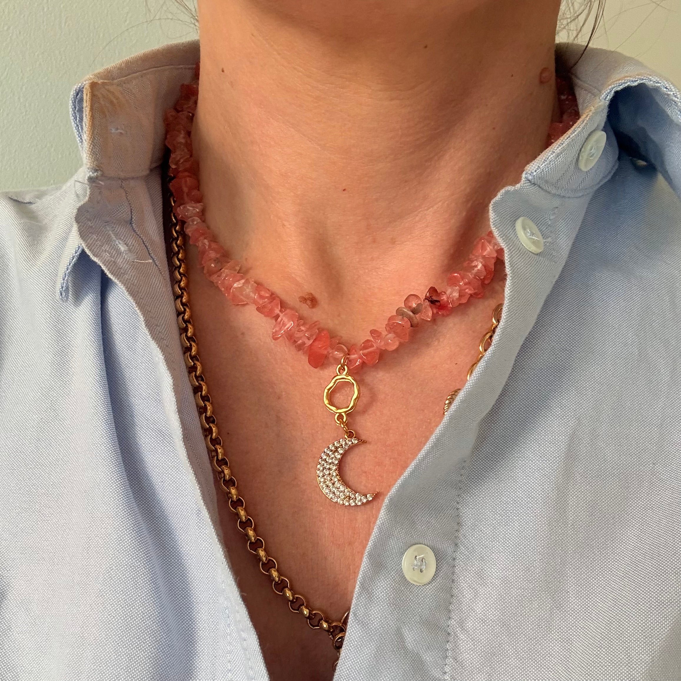 Cherry Quartz & Crystal Moon Charm Necklace