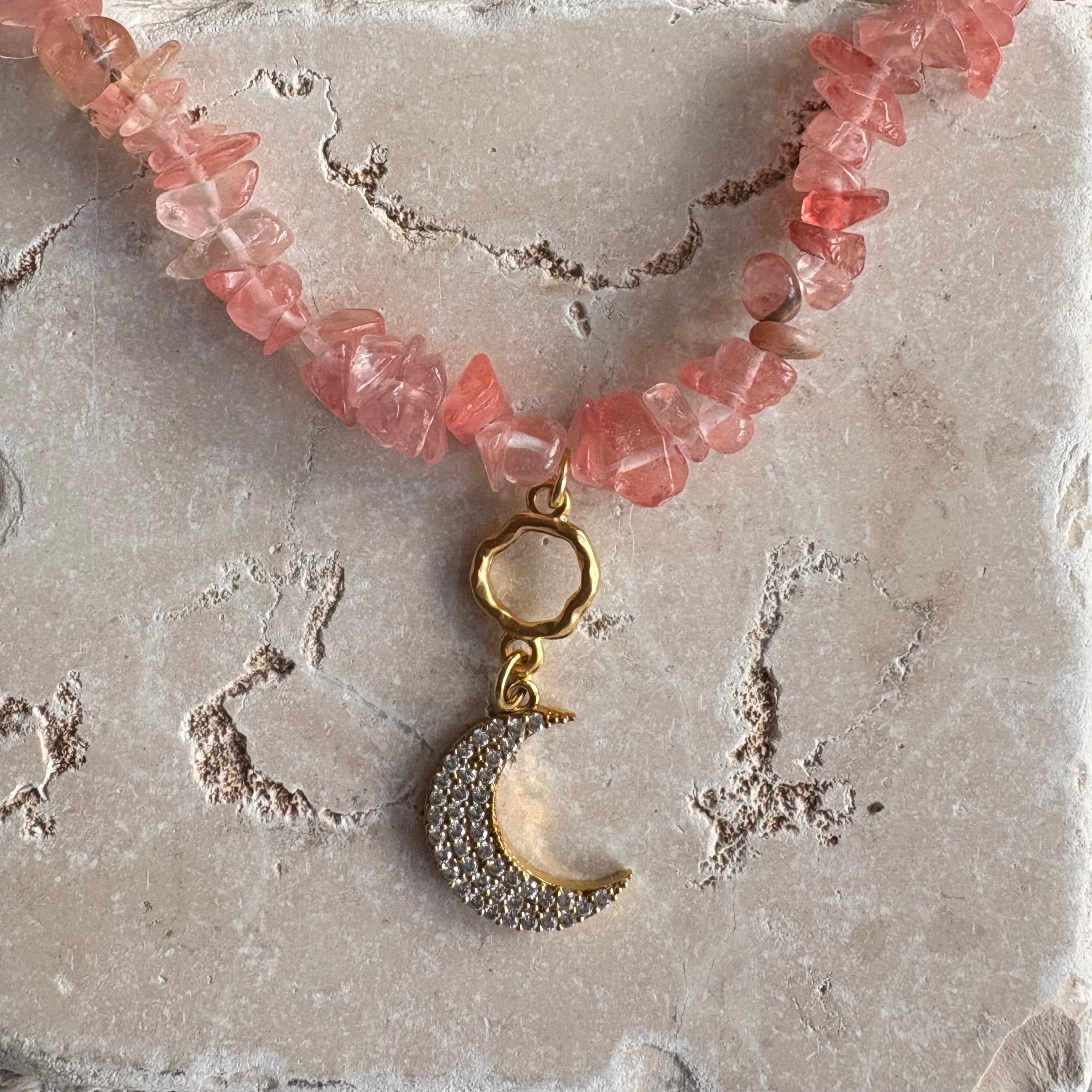 Cherry Quartz & Crystal Moon Charm Necklace