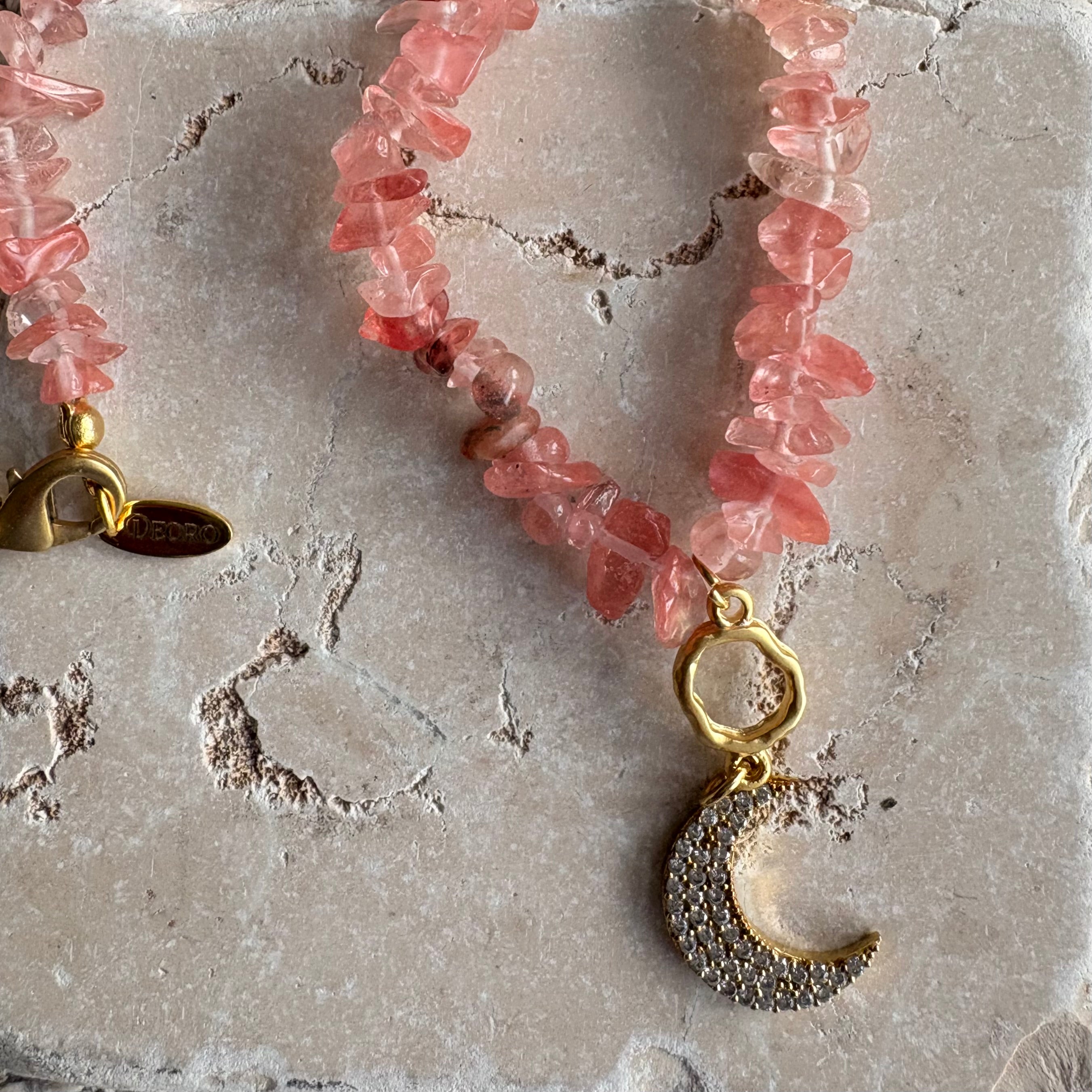 Cherry Quartz & Crystal Moon Charm Necklace