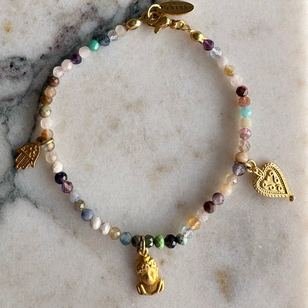Mixed Gemstone Hamsa, Buddha & Heart Charm Bracelet