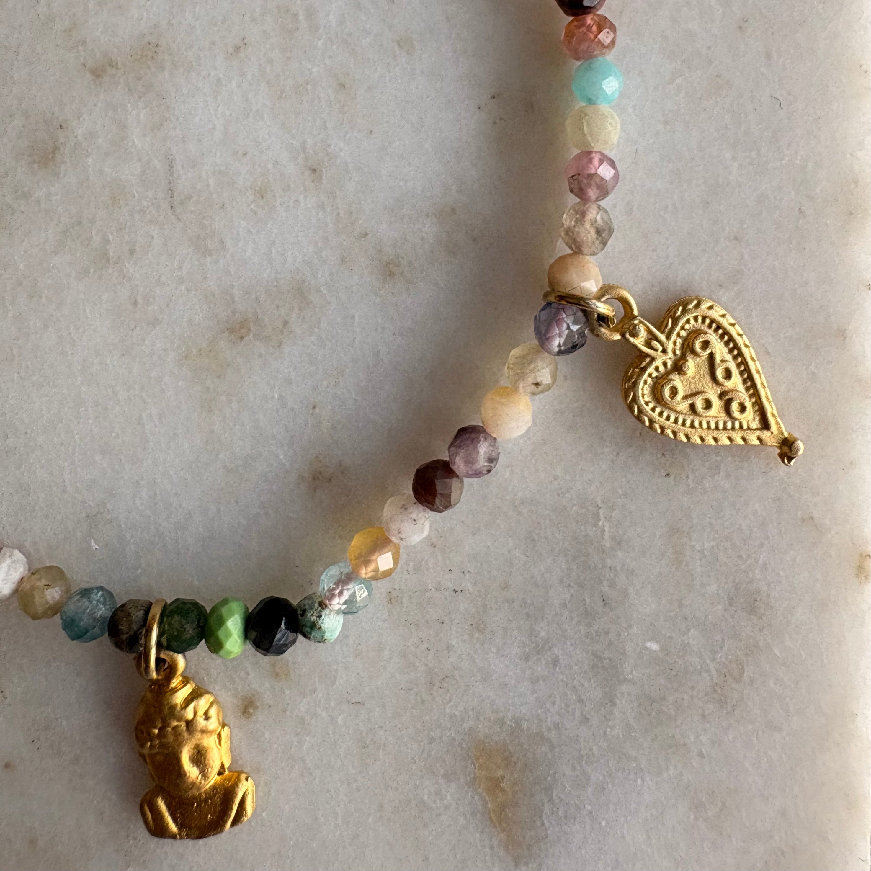 Mixed Gemstone Hamsa, Buddha & Heart Charm Bracelet