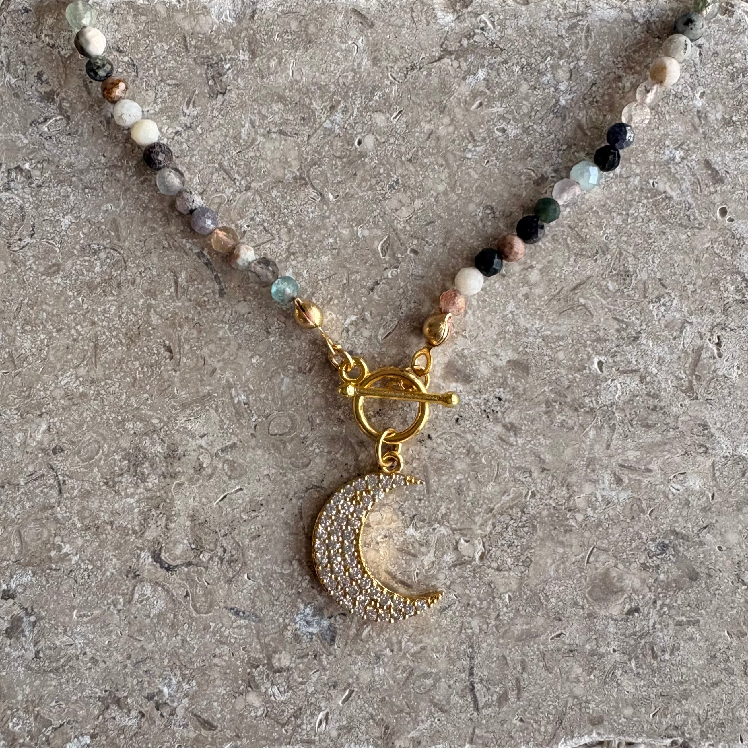 Mixed Gemstone Pavé Moon Pendant Necklace