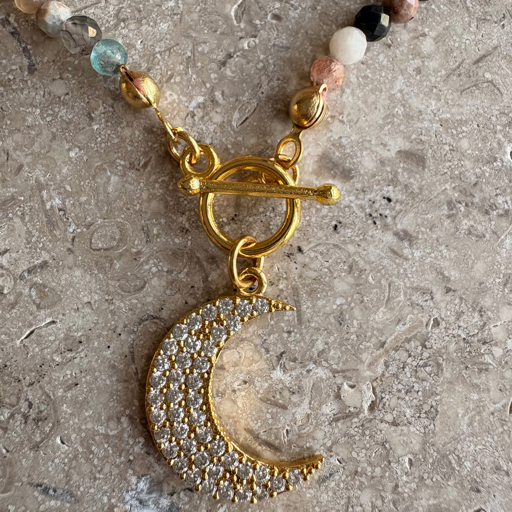 Mixed Gemstone Pavé Moon Pendant Necklace