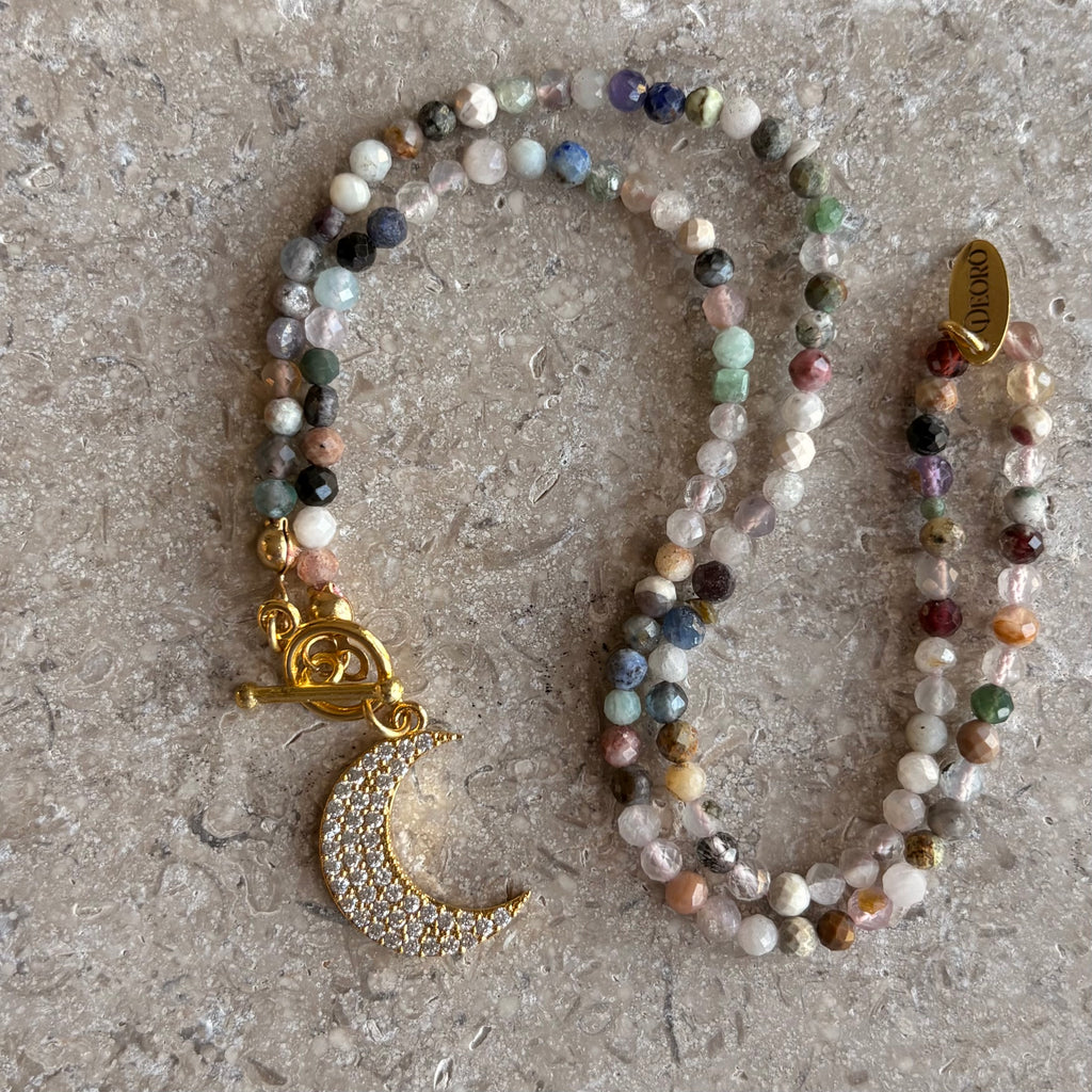 Mixed Gemstone Pavé Moon Pendant Necklace