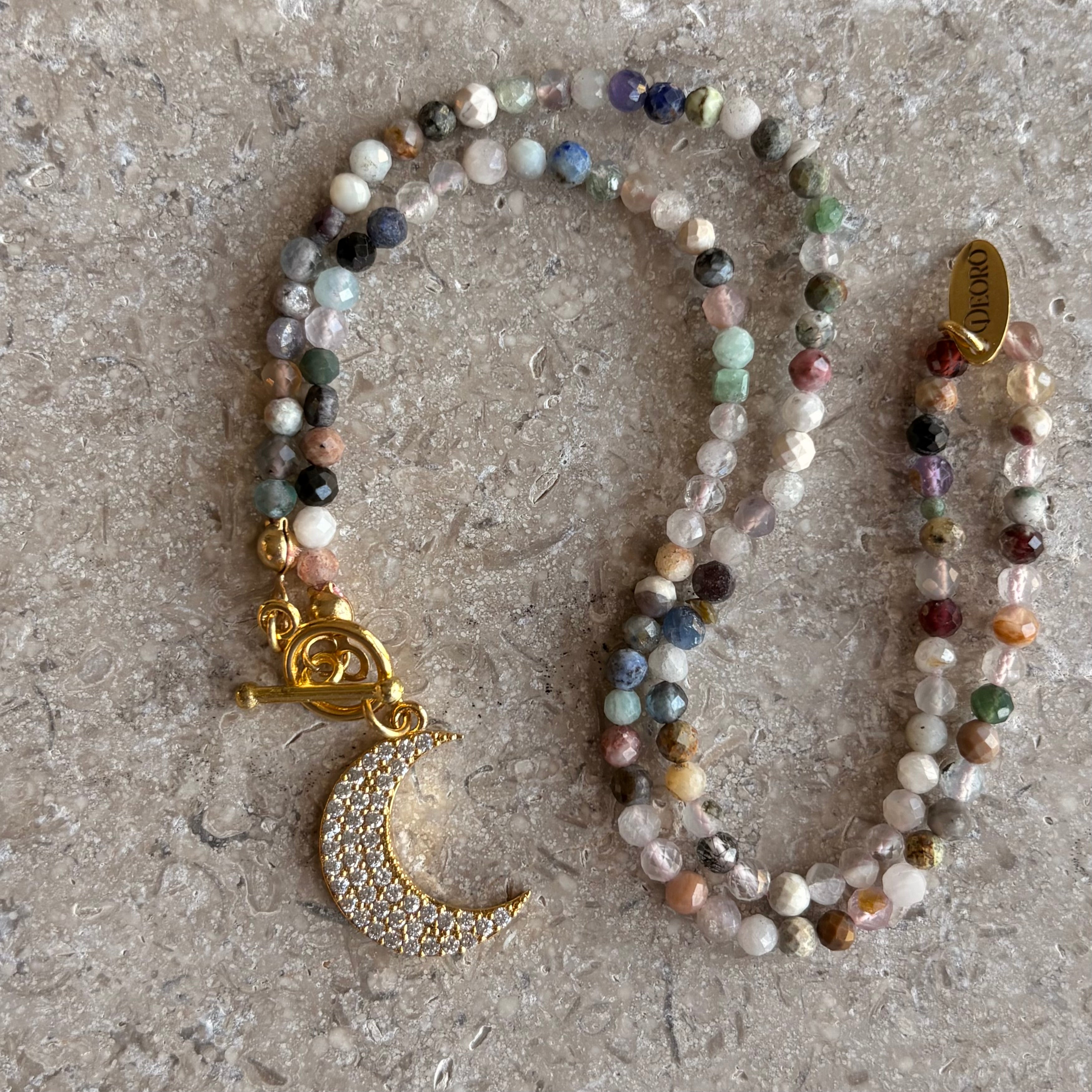 Mixed Gemstone Pavé Moon Pendant Necklace