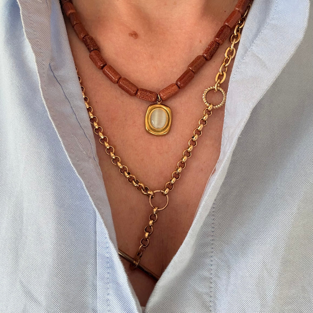 Goldstone & Moonstone Cabochon Pendant Necklace