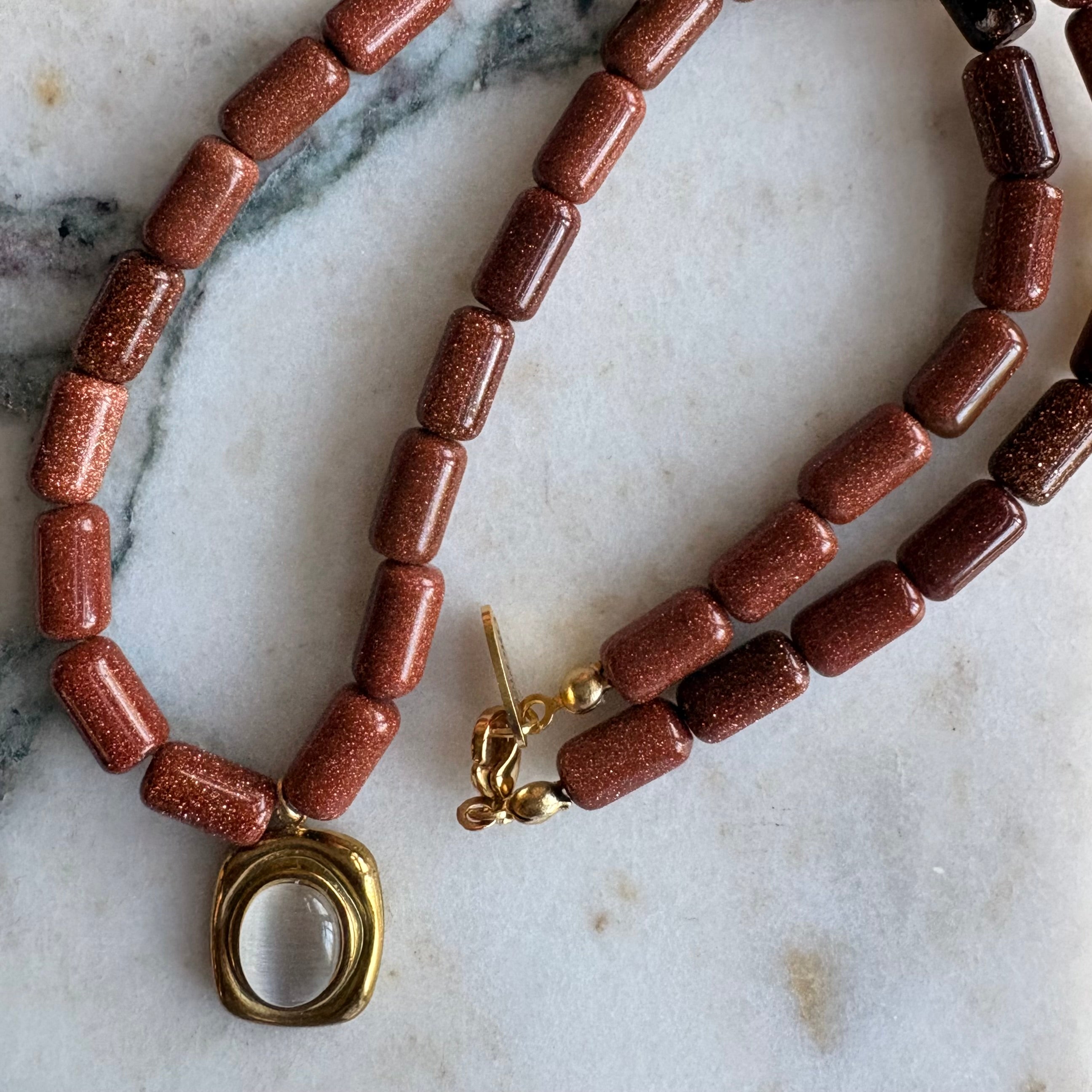 Goldstone & Moonstone Cabochon Pendant Necklace