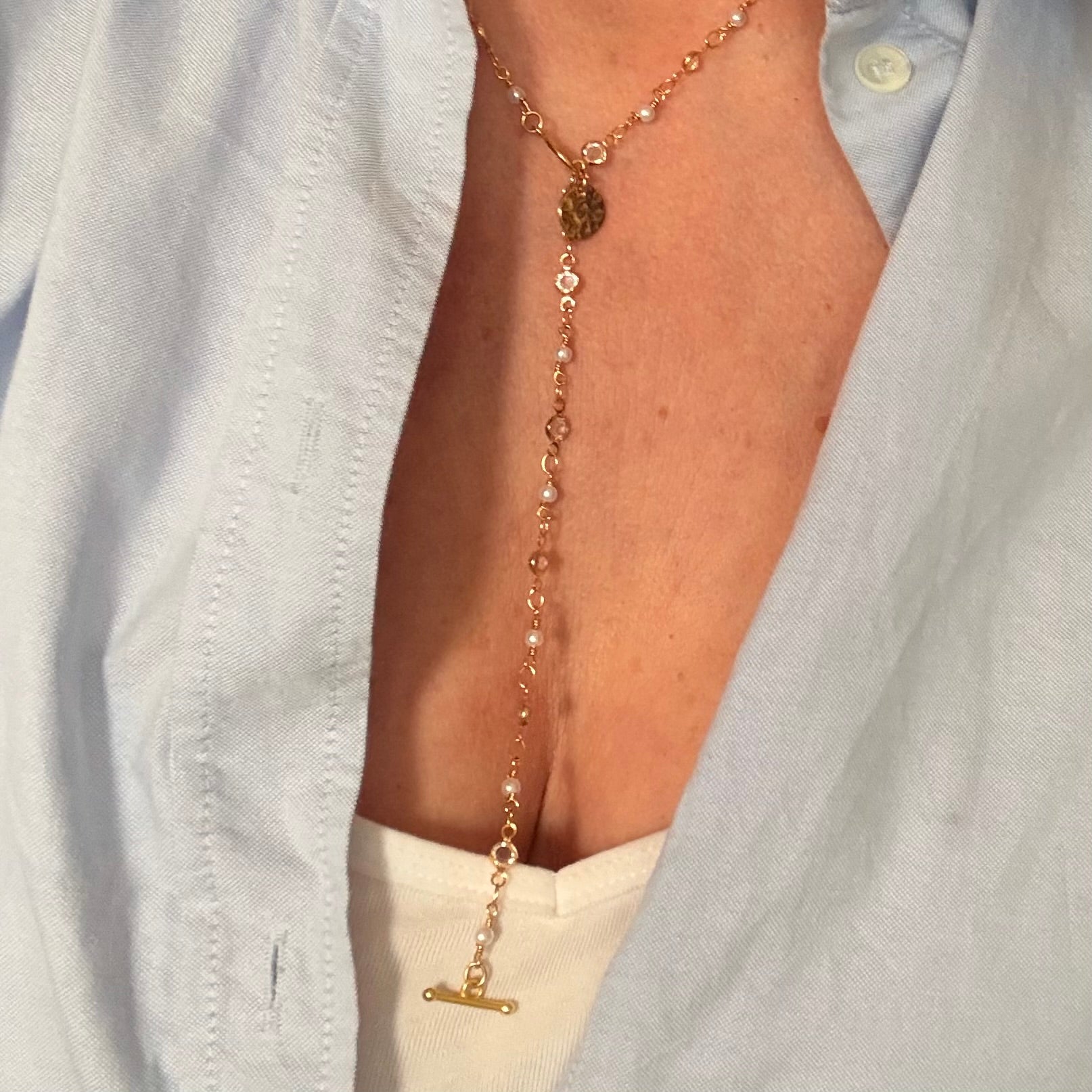 Pearl & Crystal Rosary Lariat Necklace with Gold Coin Charm