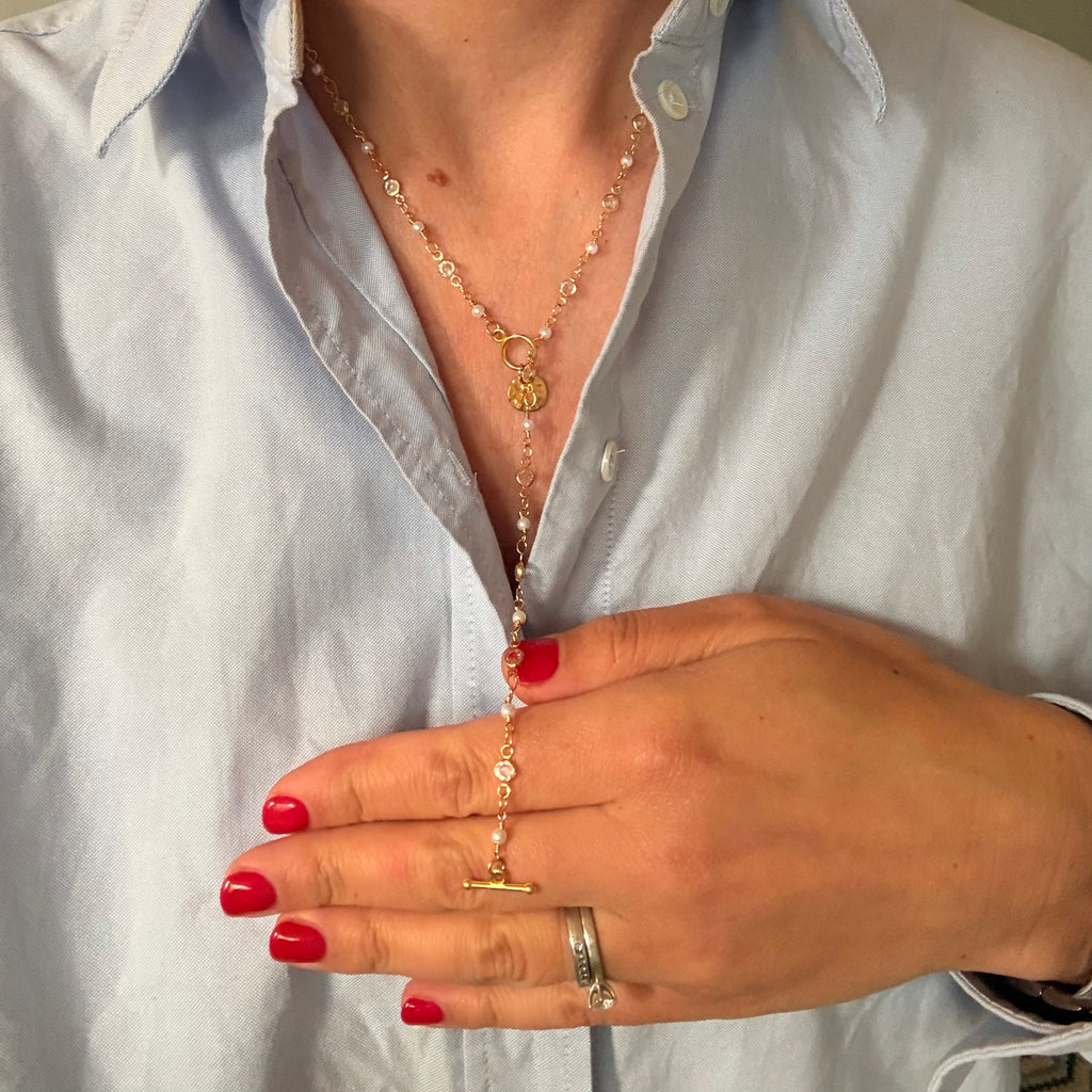 Pearl & Crystal Rosary Lariat Necklace with Gold Coin Charm
