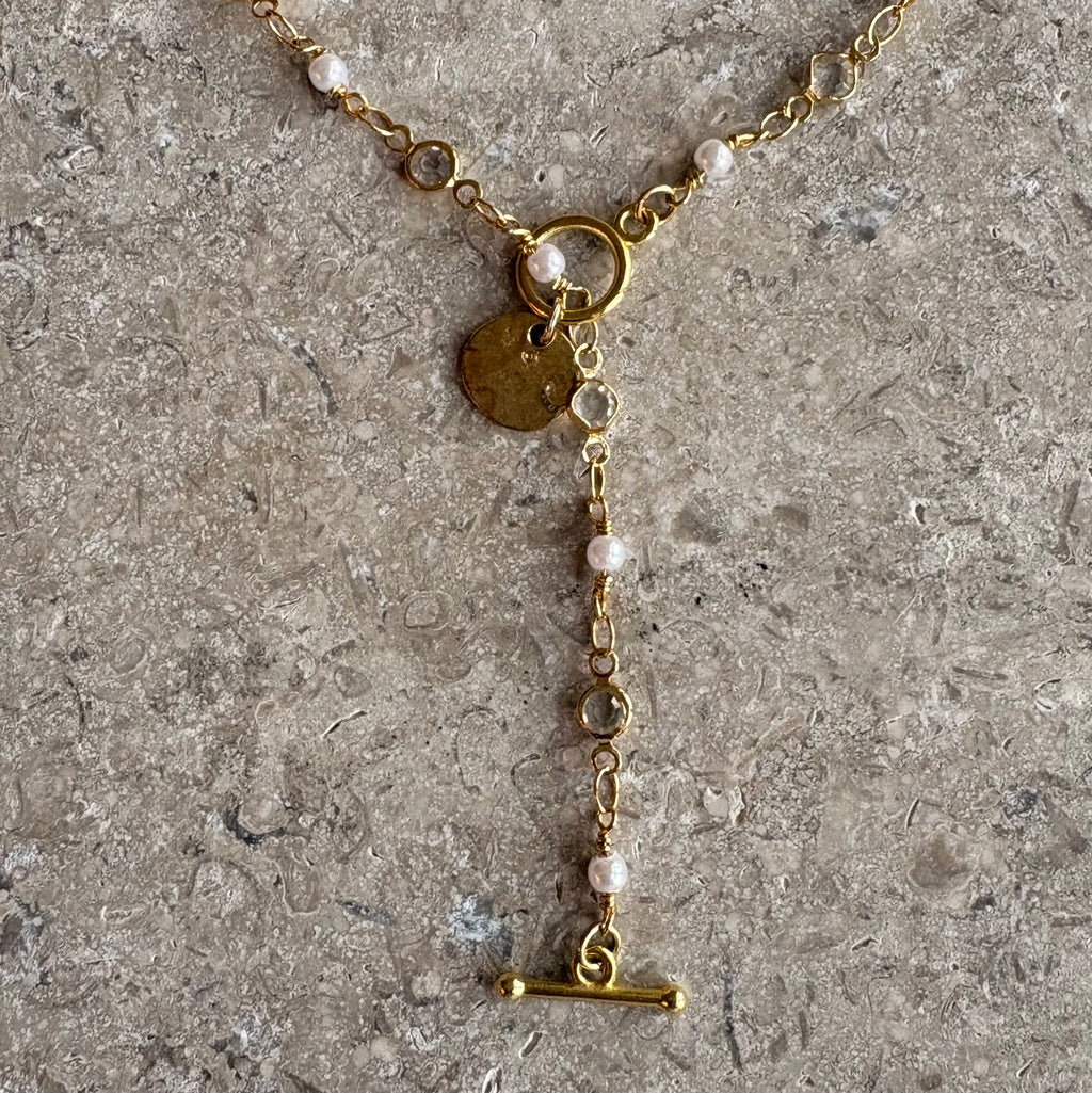 Pearl & Crystal Rosary Lariat Necklace with Gold Coin Charm
