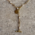 Pearl & Crystal Rosary Lariat Necklace with Gold Coin Charm