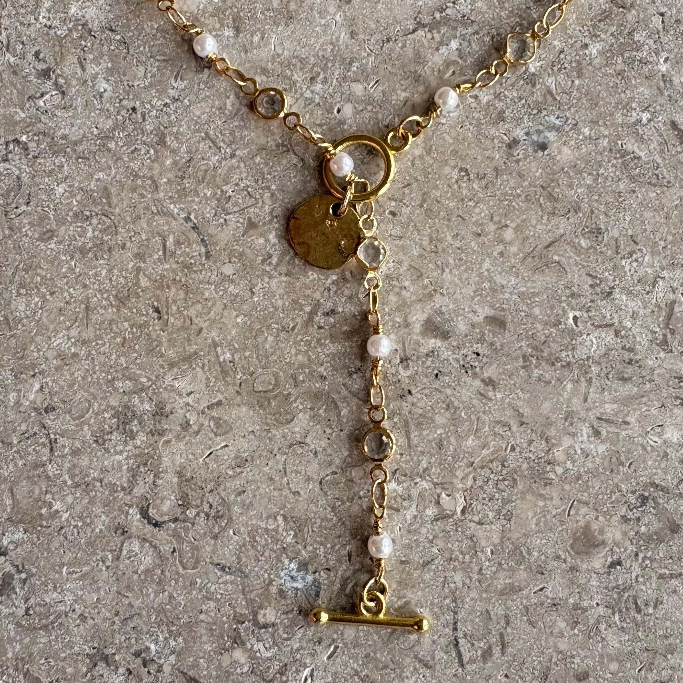 Pearl & Crystal Rosary Lariat Necklace with Gold Coin Charm