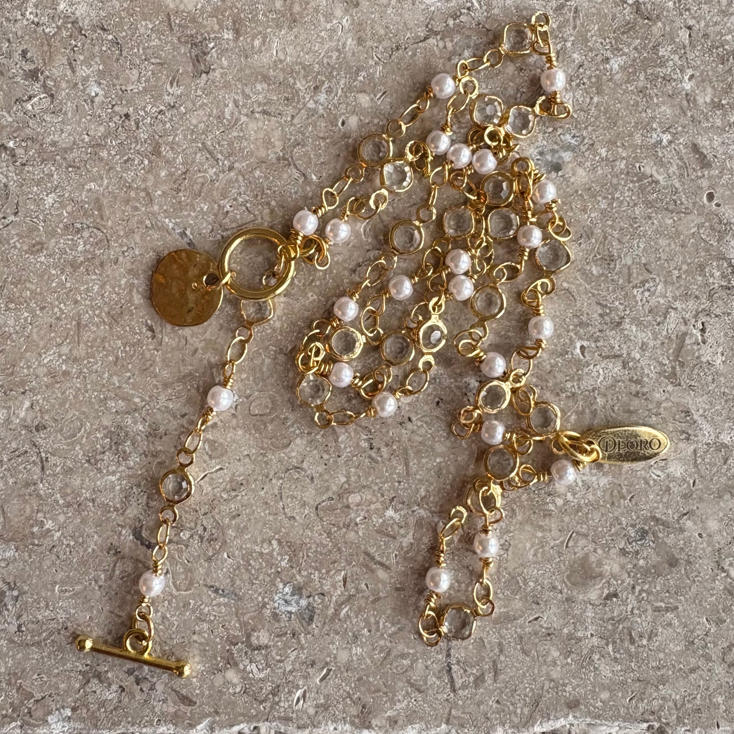 Pearl & Crystal Rosary Lariat Necklace with Gold Coin Charm
