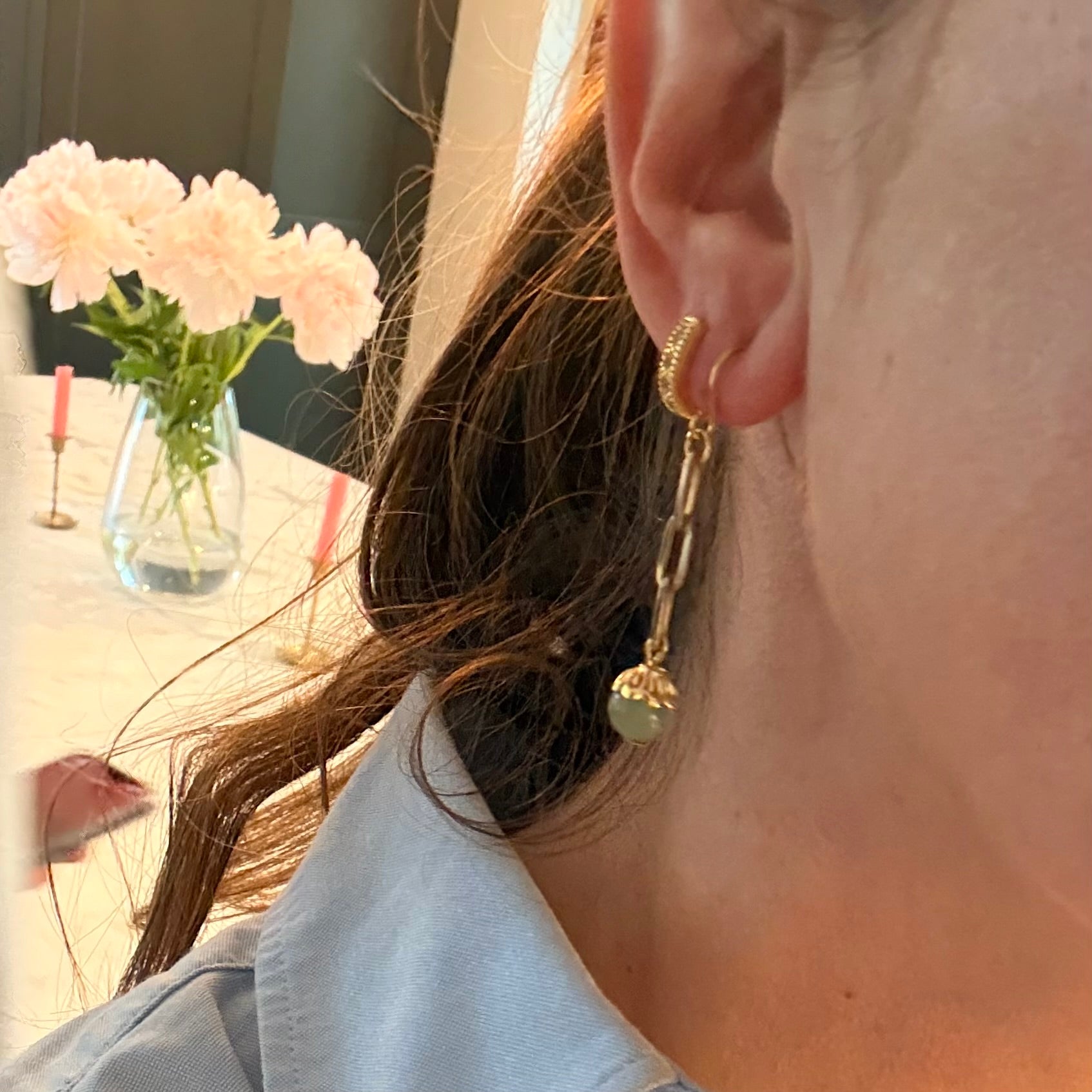 Aventurine & Gold Paperclip Chain Drop Earrings