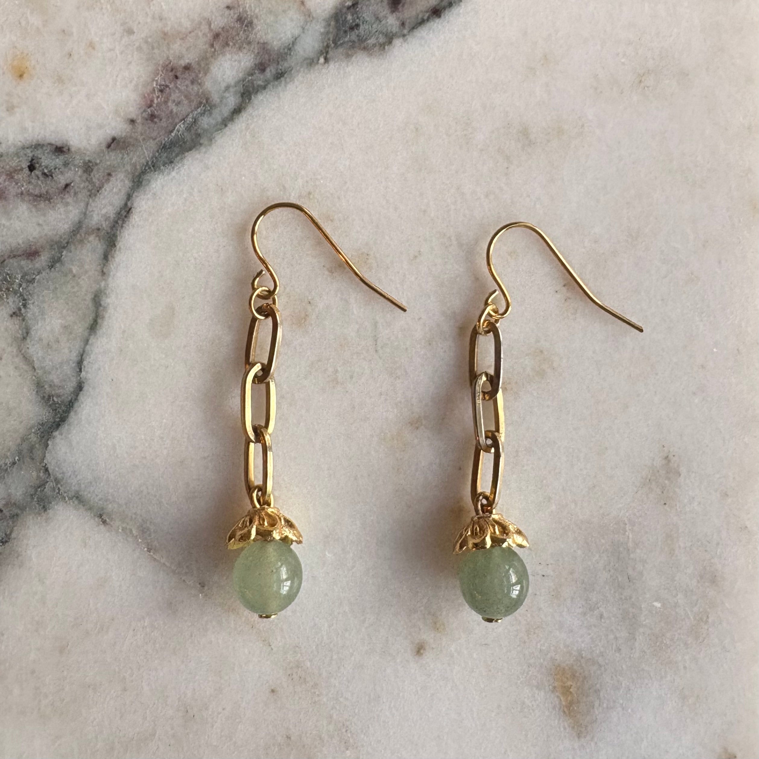 Aventurine & Gold Paperclip Chain Drop Earrings