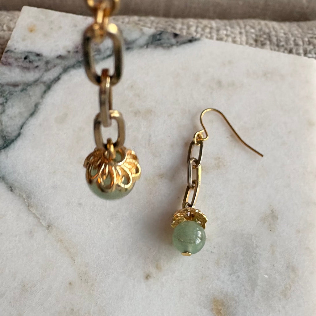 Aventurine & Gold Paperclip Chain Drop Earrings